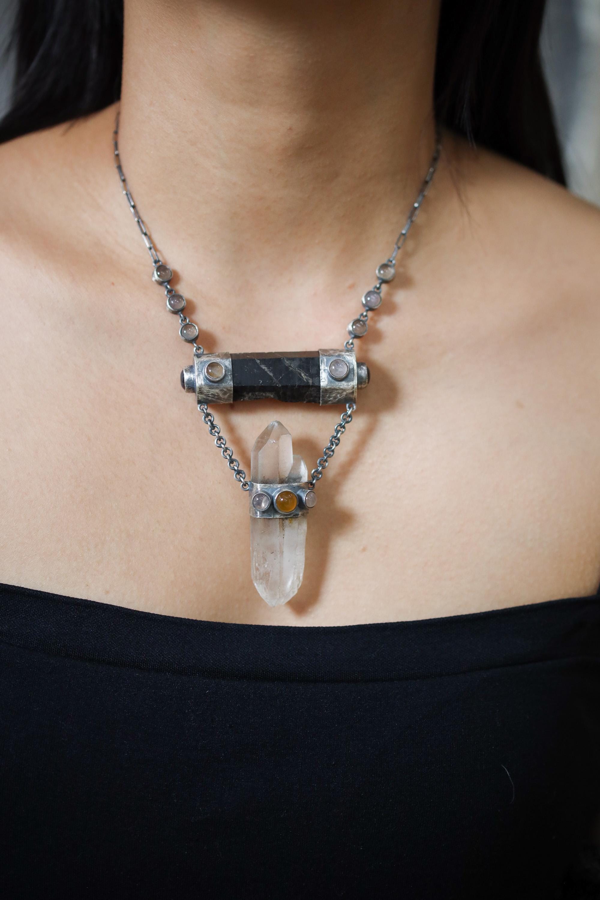 Round Rose Quartz, Black Tourmaline, Orange Chalcedony Agate, Amethyst & Twin-Terminated Quartz Pendant Oxidised Sterling Silver Unique Gift