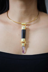 Aquamarine, Black Tourmaline & Vera Cruz Amethyst Pendant, 18k Gold-Plated Sterling Silver, Organic Texture, Spiritual Jewelry, Unique Gift