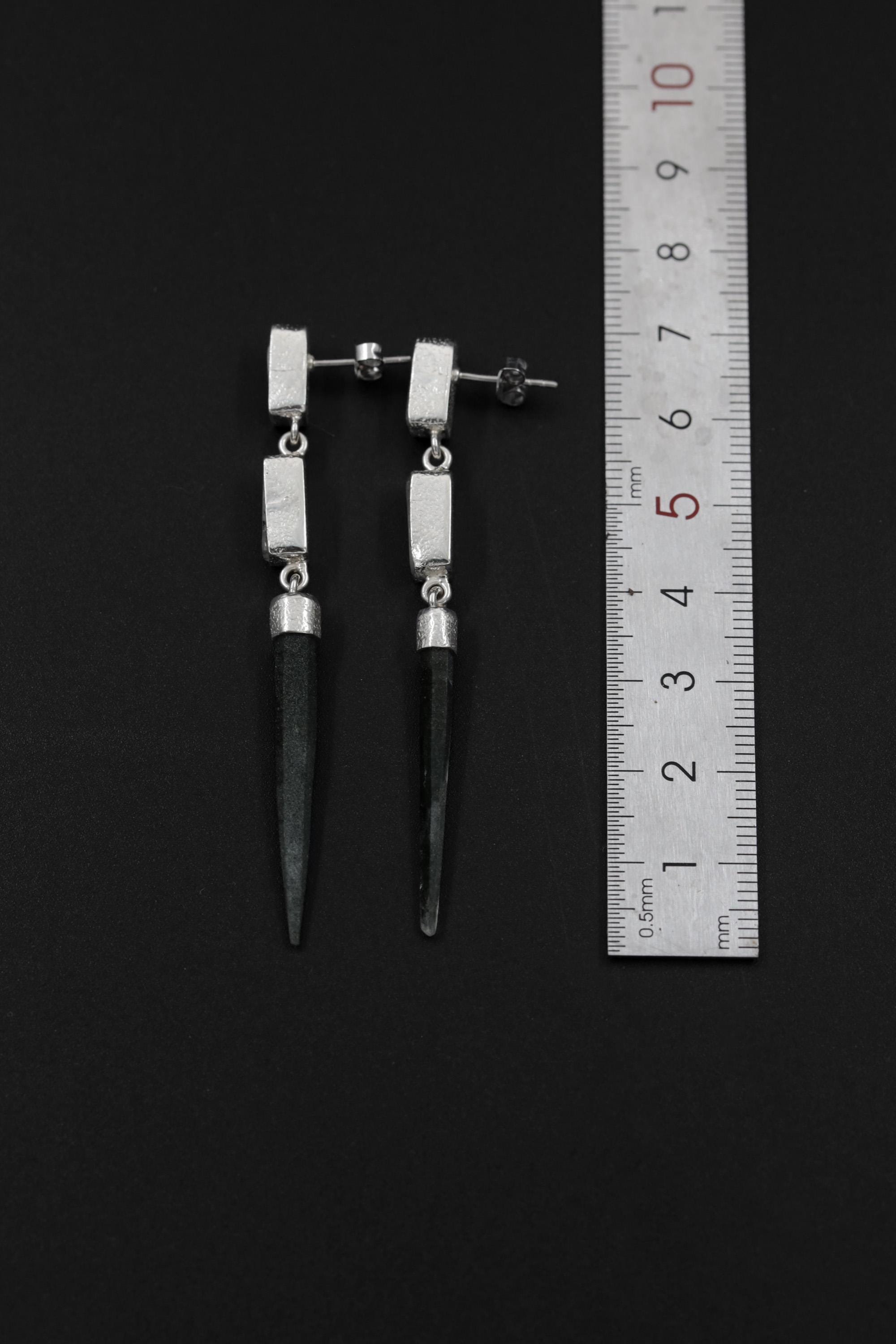 Dangle Stud Earrings Black Rutile quartz & Green Chlorite Quartz Spike , Sterling Silver, Lux Sand Texture, Cystal Gift, Chakra Healing