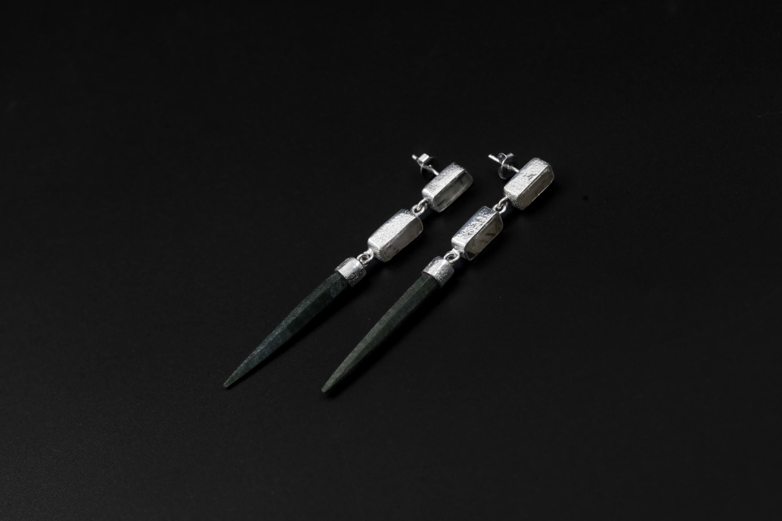 Black Rutile Quartz Chlorite Quartz earrings displayed on dark background with long sterling silver crystal dangles.