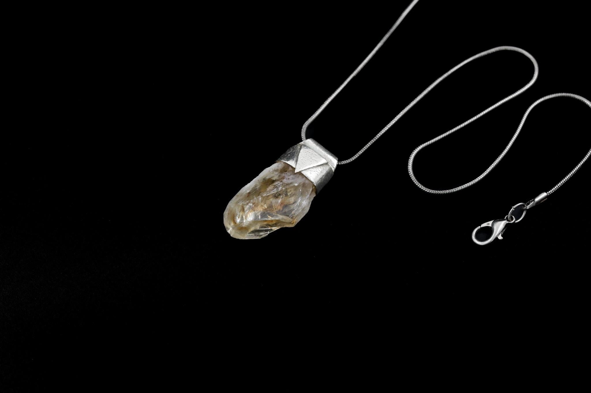 Natural Phantom Citrine Quartz Point Stack Pendant,Organic Textured 925 Sterling Silver,Solar Plexus Chakra, Leo Zodiac, Unique Gift - NO/01