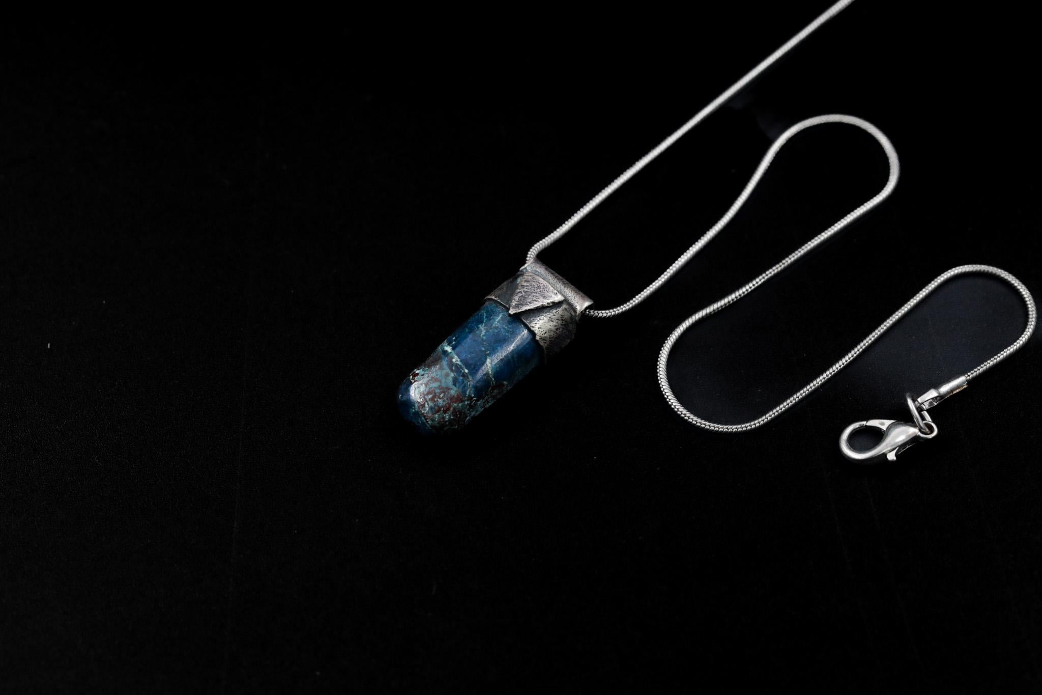 Azurite Stack Pendant Necklace with Organic Textured 925 Sterling Silver, Crystal Charm, Sagittarius Horoscope, Third Eye Chakra Jewelry