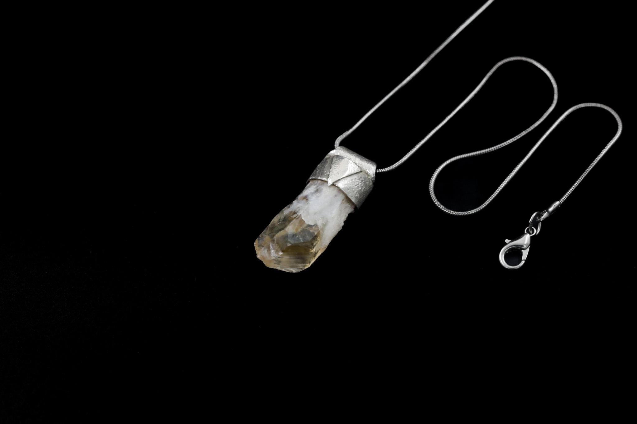 Natural Phantom Citrine Quartz Point Pendant: Textured Sterling Silver