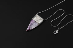 Fang Shaped Silicate Charoite Cabochon Stack Pendant, Organic Textured Sterling Silver, Third Eye Chakra, Scorpio, Spiritual, Unique Gift