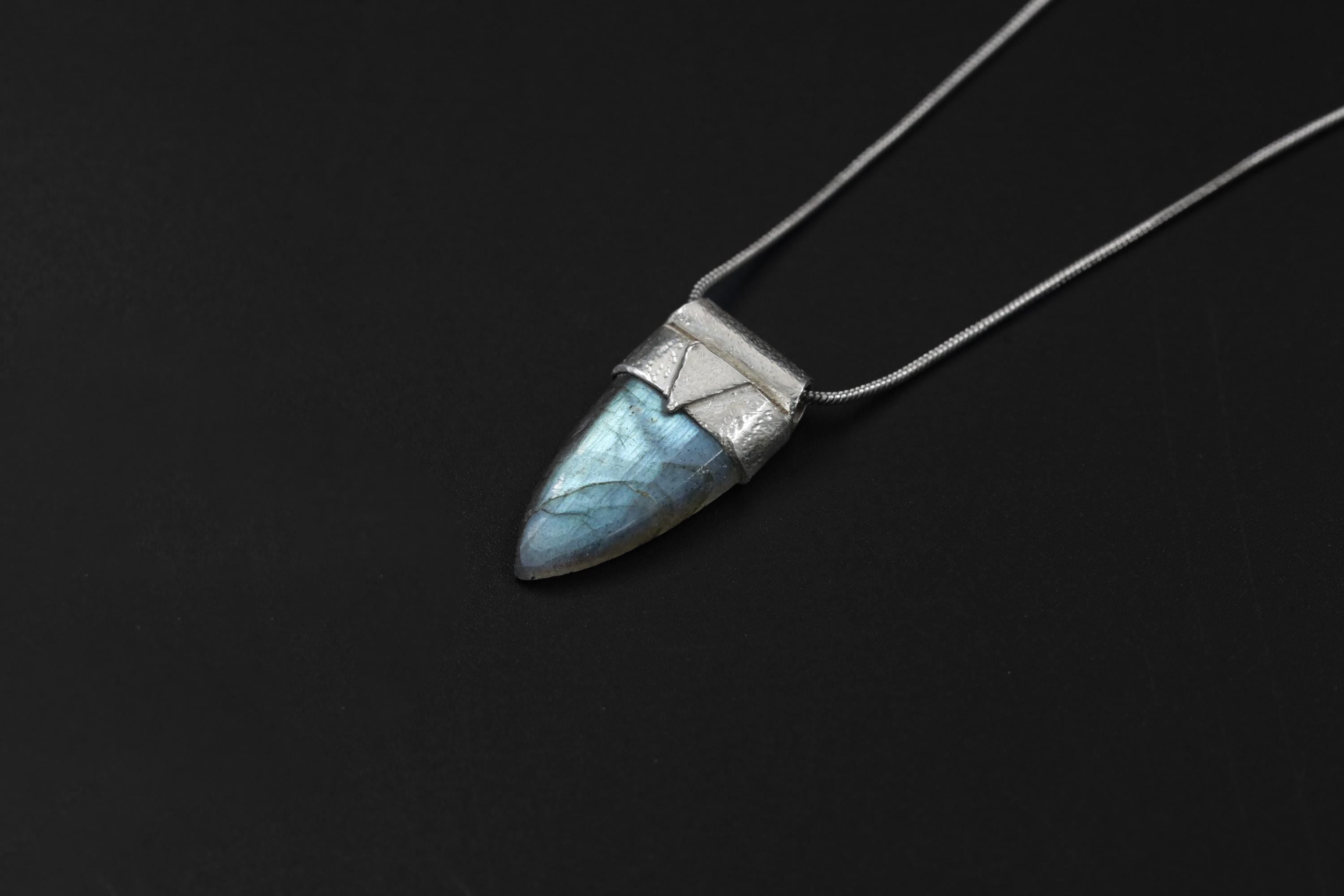 Tooth Shaped Blue Labradorite Cabochon Stack Pendant, Organic Textured Sterling Silver,Third Eye Chakra,Scorpio Zodiac, Intuition,Protection