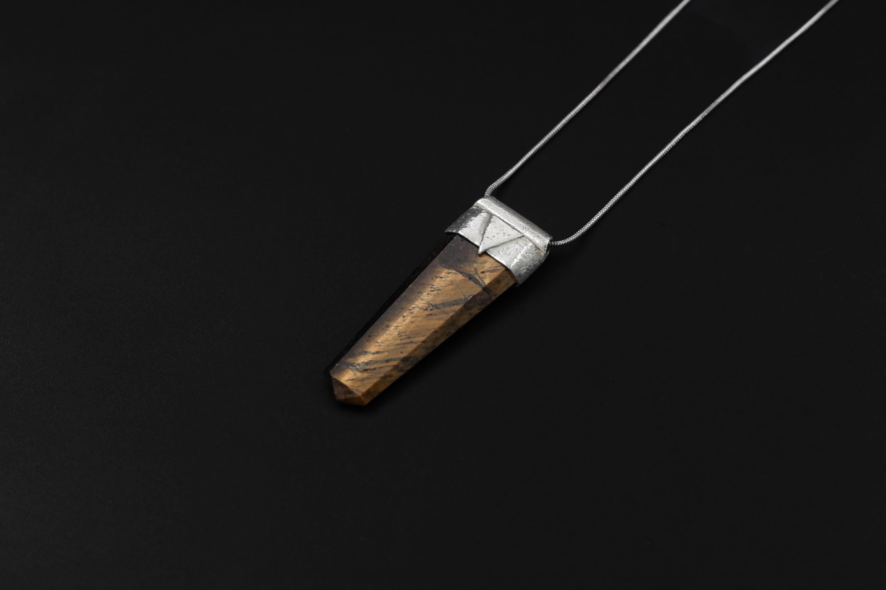 Obelisk Cut Tiger Eye Point Stack Pendant, Organic Textured Sterling Silver, Solar Plexus Chakra, Leo, Confidence, Protection, Unique Gift