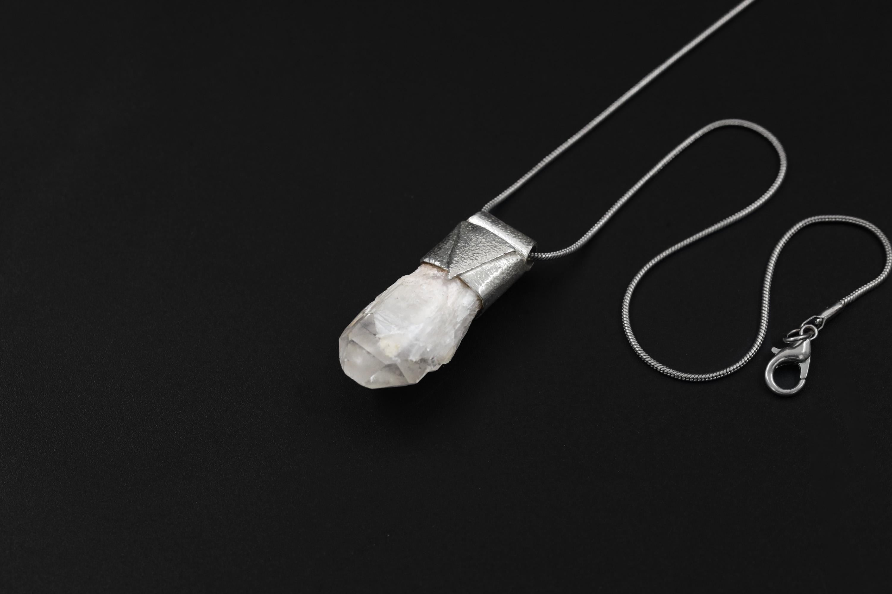 Australian Drusy White Phantom Quartz Point Stack Pendant, Organic Textured 925 Sterling Silver, Crown Chakra, Capricorn Zodiac, Unique Gift