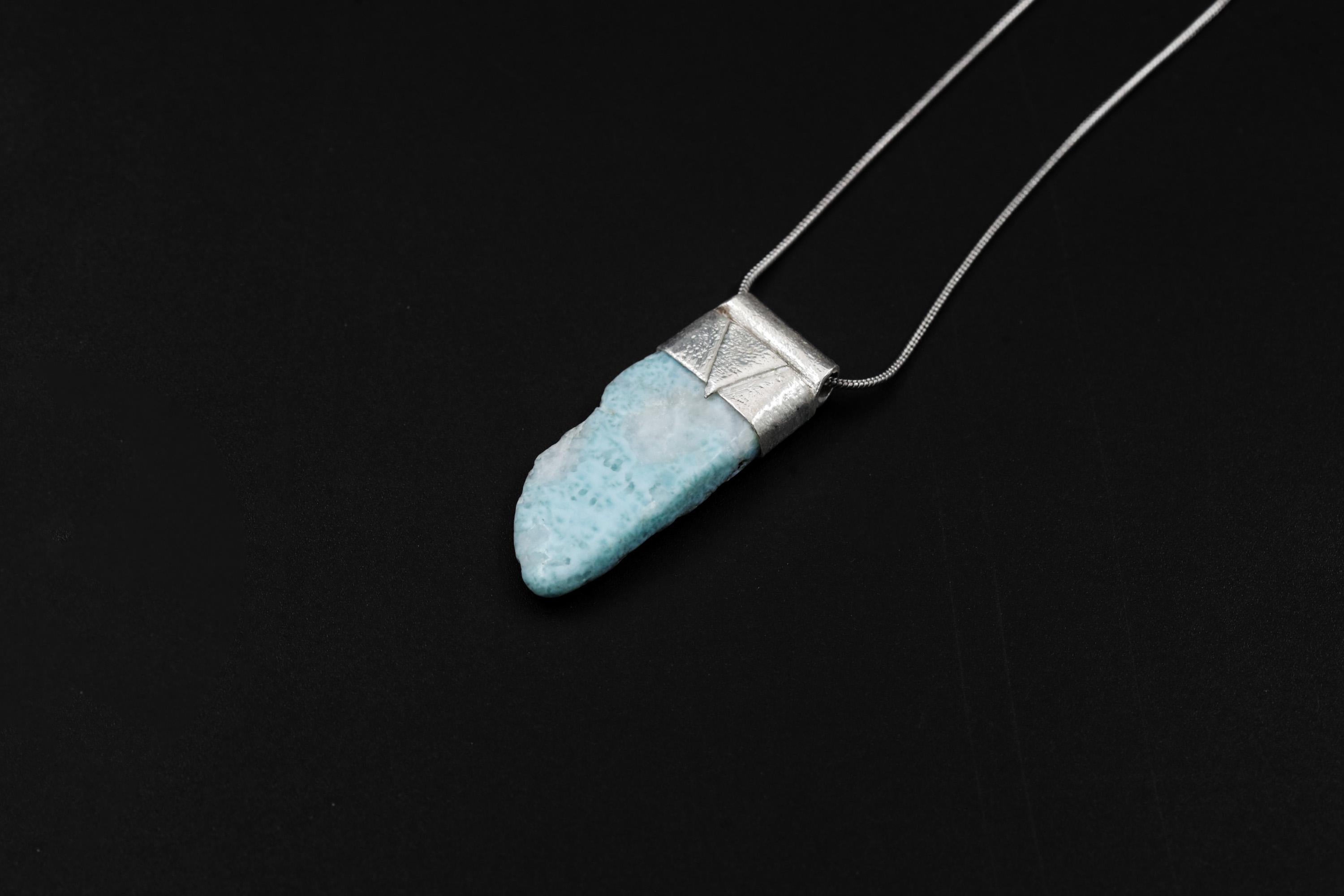 Free Form Larimar Stack Pendant, Organic Textured 925 Sterling Silver, Throat Chakra, Pisces Zodiac, Calming and Communication - No/02