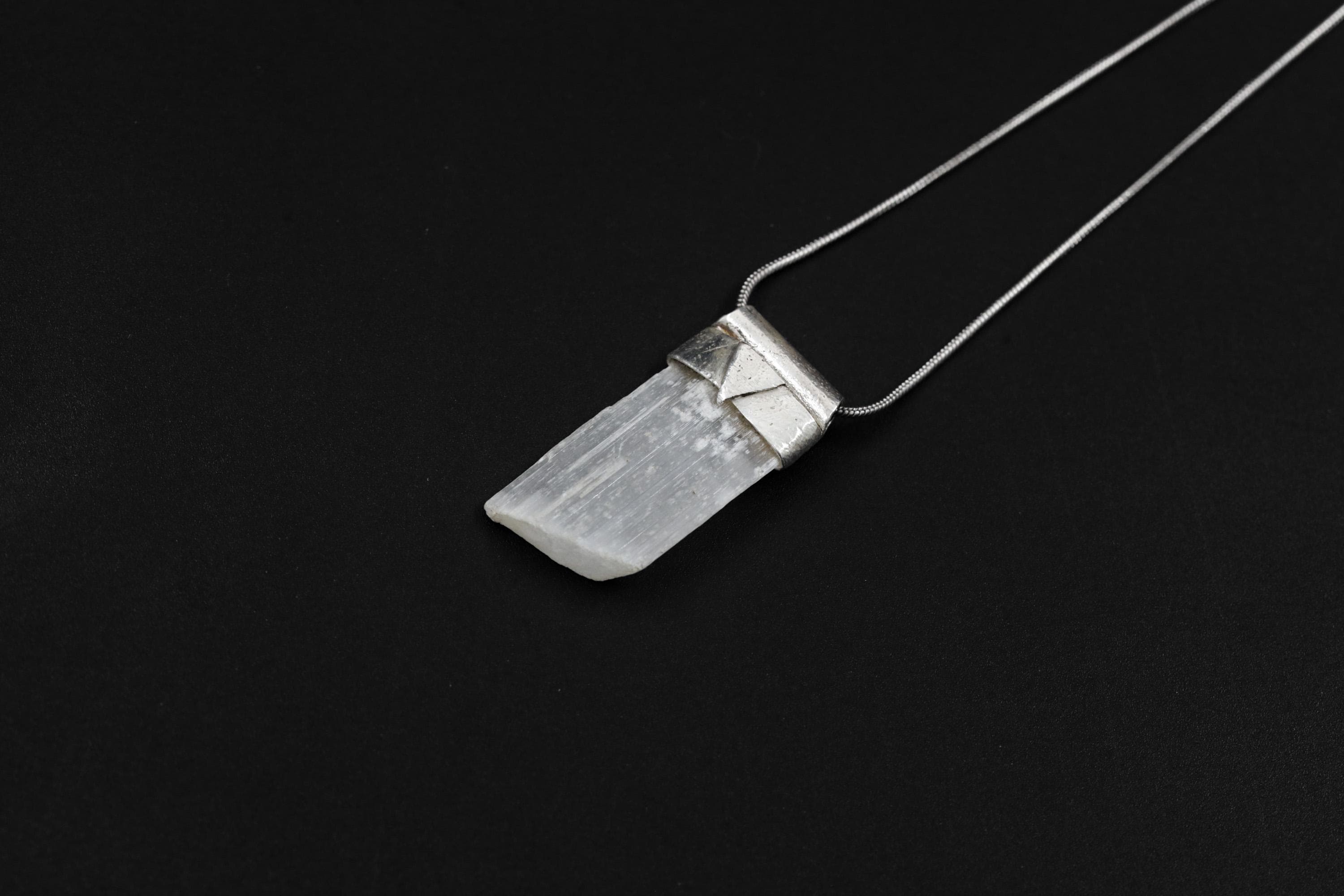 Selenite Stack Pendant 925 Sterling Silver Translucent Crystal Necklace Crown Third Eye Chakra Layering Gift