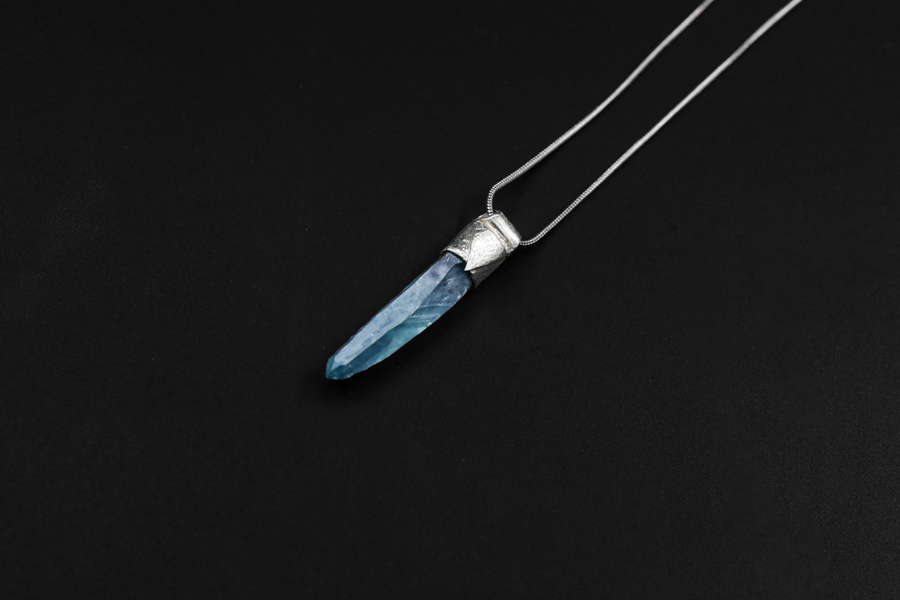 Lemurian Laser Aqua Aura Quartz Point Stack Pendant, Organic Textured 925 Sterling Silver, Throat Chakra,Aquarius Zodiac,Unique Gift - No/02
