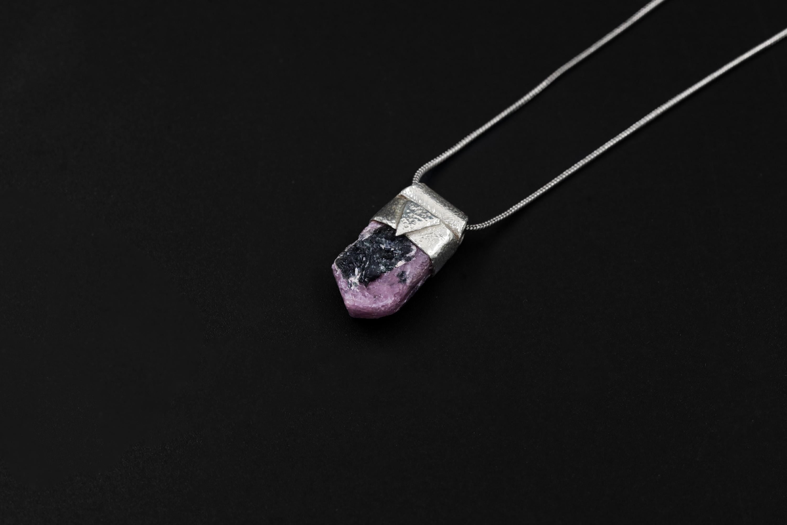 Hexagonal Raw Gem Ruby with Black Mica Stack Pendant, Organic Textured Sterling Silver, Root Chakra, Scorpio Zodiac, Protection and Passion