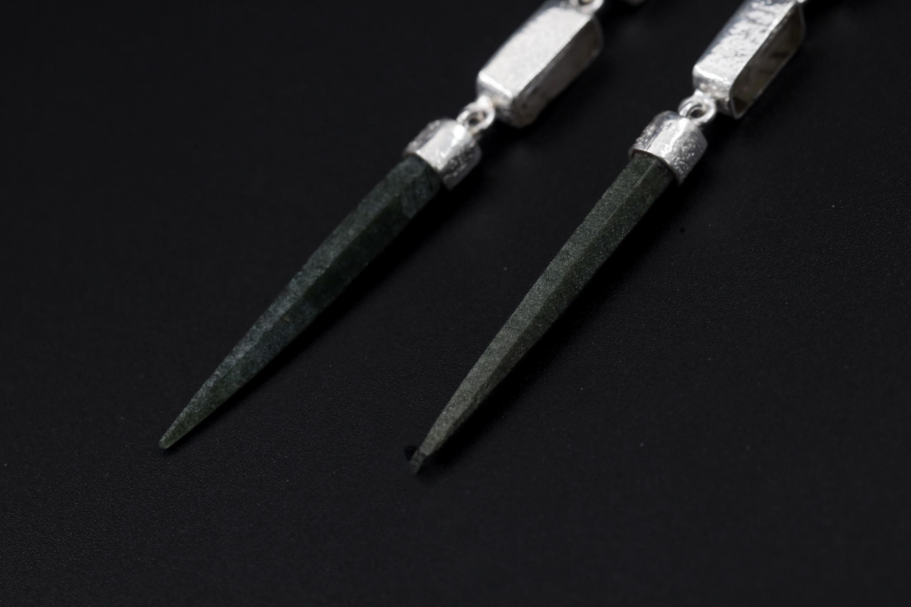 Dangle Stud Earrings Black Rutile quartz & Green Chlorite Quartz Spike , Sterling Silver, Lux Sand Texture, Cystal Gift, Chakra Healing