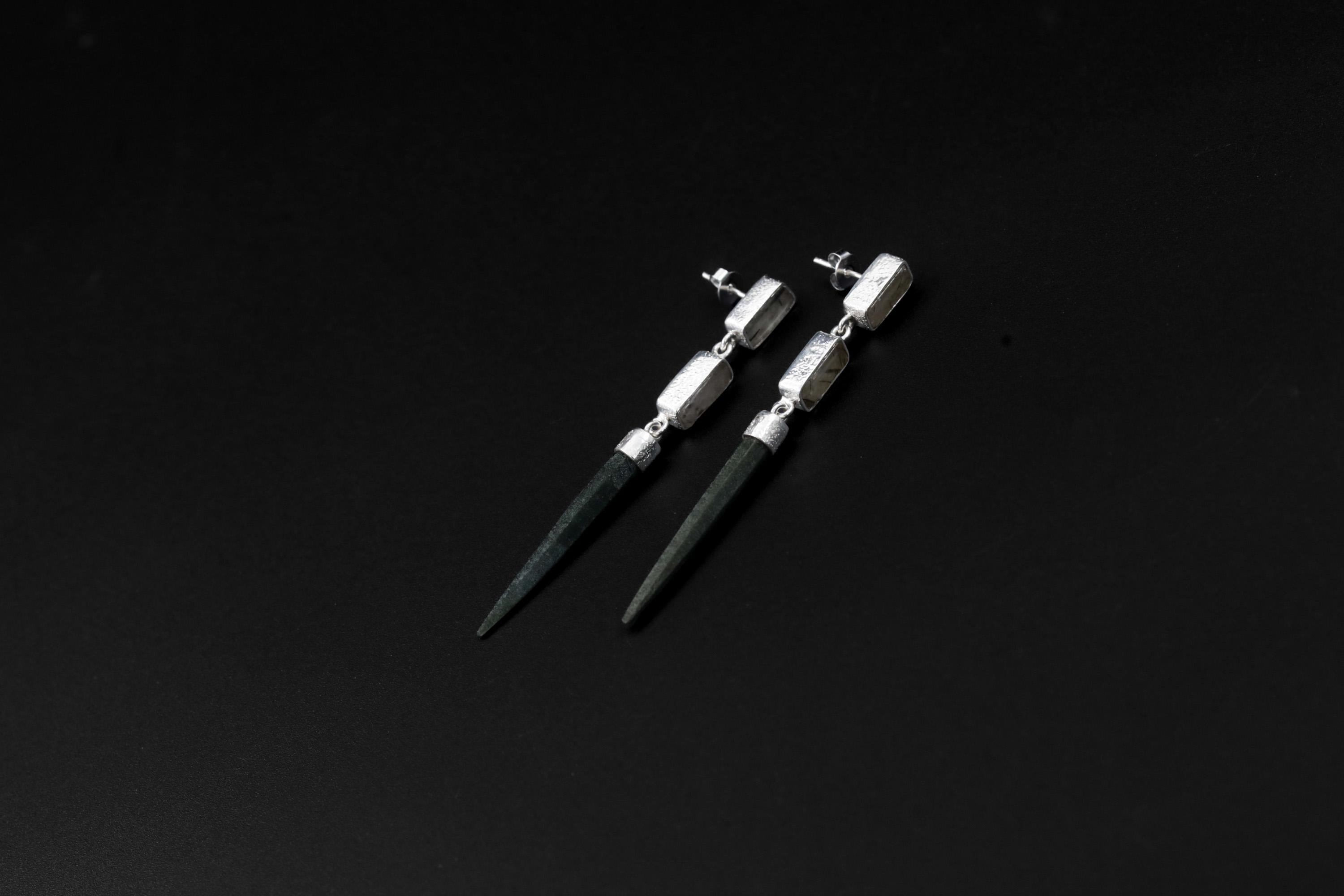 Dangle Stud Earrings Black Rutile quartz & Green Chlorite Quartz Spike , Sterling Silver, Lux Sand Texture, Cystal Gift, Chakra Healing
