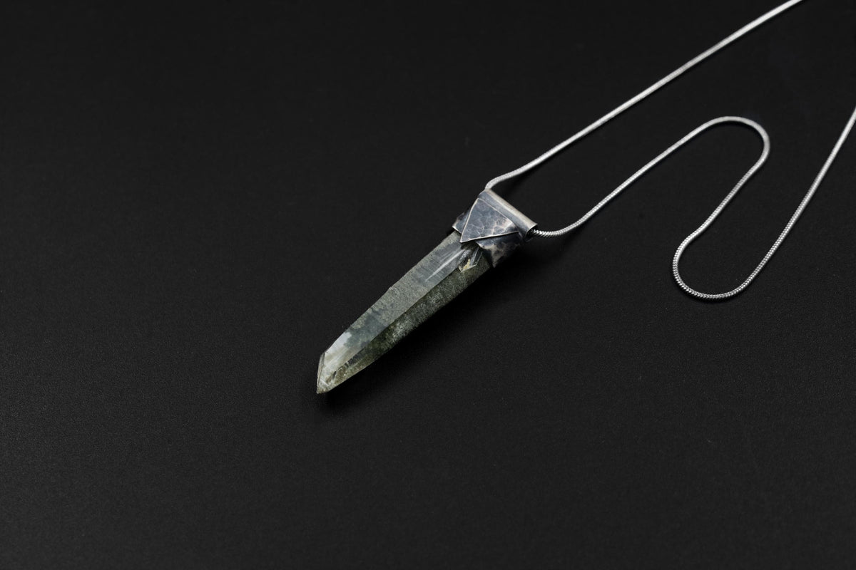 Nepal Chlorite Rutile Phantom Quartz Stack Pendant, Textured Oxidised Sterling Silver, Collector Crystal, Ganesh Himal, Unique Gift NO/05