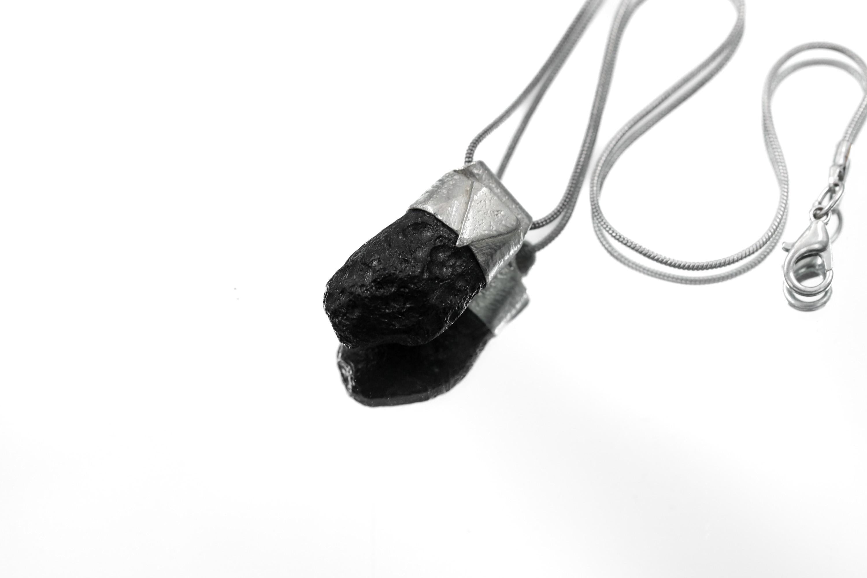 Meteor Crystal Necklace Featuring Rare Australian Olive-Coloured Mount Darwin Tektite, Organic Textured 925 Sterling Silver Stack Pendant
