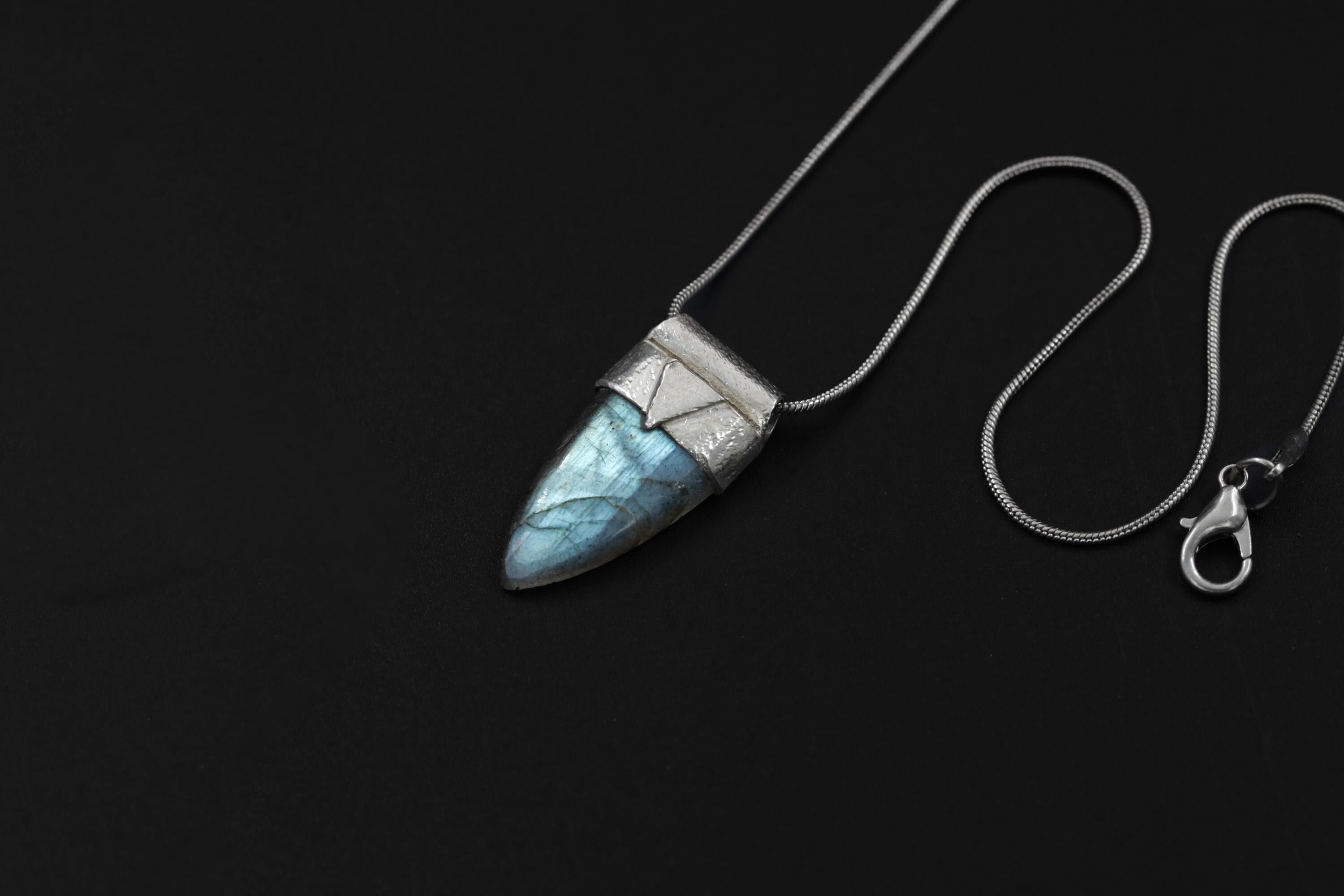 Tooth Shaped Blue Labradorite Cabochon Stack Pendant, Organic Textured Sterling Silver,Third Eye Chakra,Scorpio Zodiac, Intuition,Protection