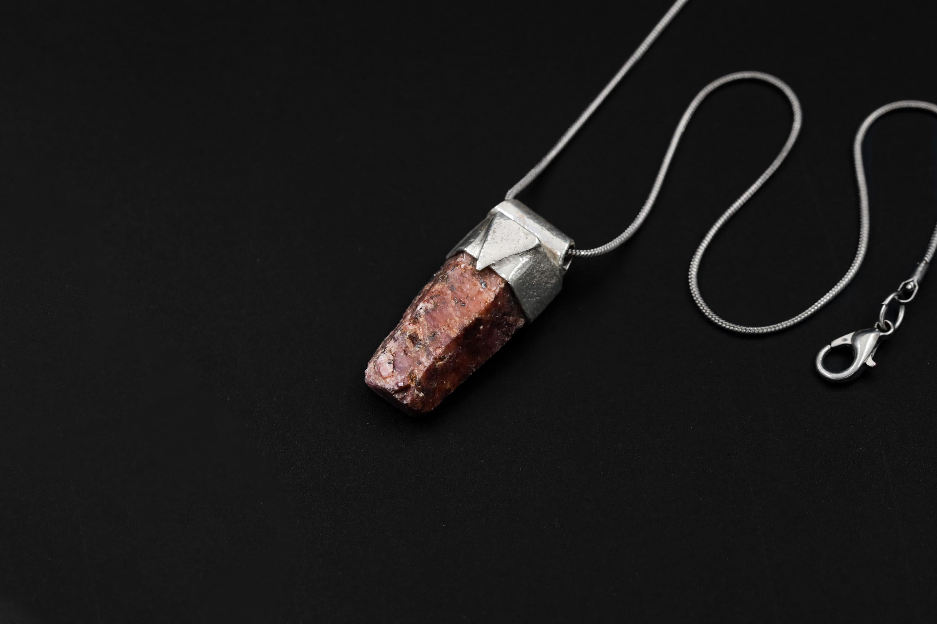 Hexagonal Raw Spinel Ruby Stack Pendant, Organic Textured 925 Sterling Silver, Root Chakra, Aries Zodiac, Strength and Vitality, Unique Gift