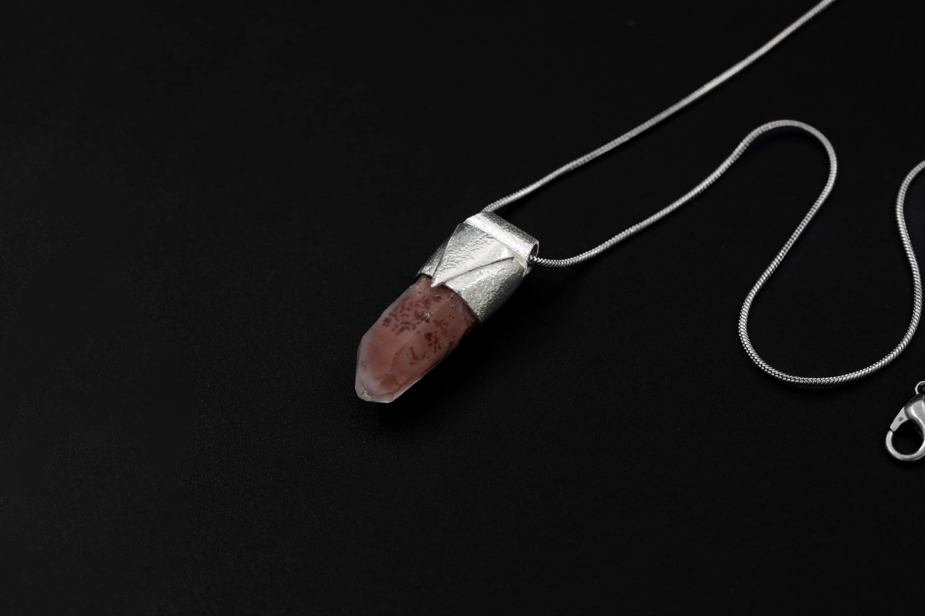 Australian Phantom Lithium Quartz Point Stack Pendant, Organic Textured 925 Sterling Silver, Heart Chakra, Libra Zodiac, Unique Gift - No/11