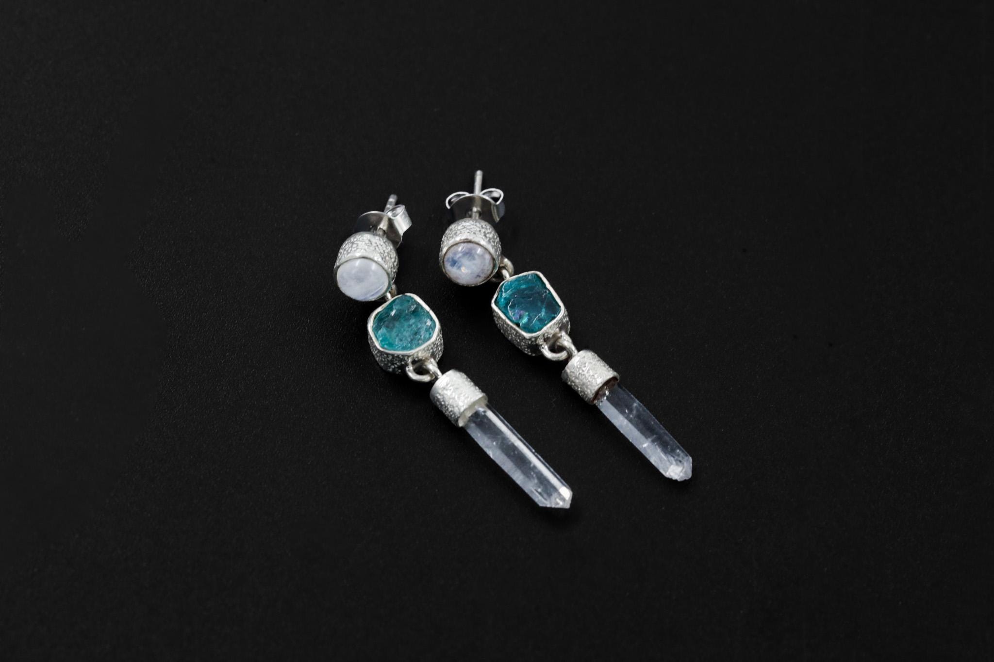 Blue Moonstone Apatite Clear Quartz Earrings 925 Sterling Silver Stud Drops Sand Textured Throat Crown Chakra Gift