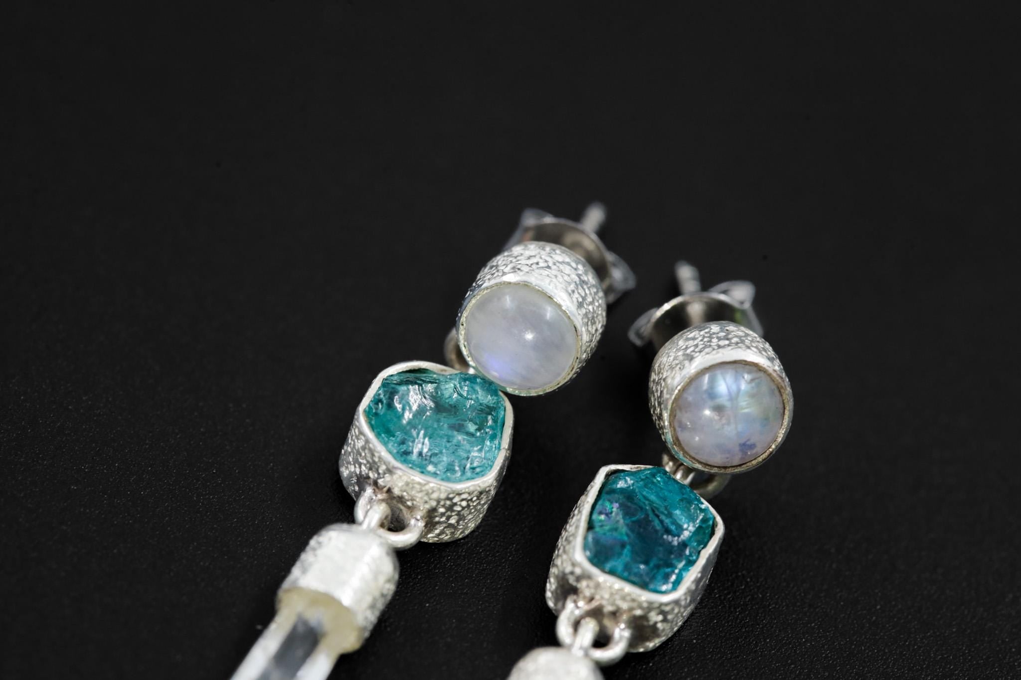 Moonstone, Blue Apatite & Clear Quartz Earrings – Sand Textured Sterling Silver Stud – Spiritual Jewelry for Chakra Healing and Unique Gift