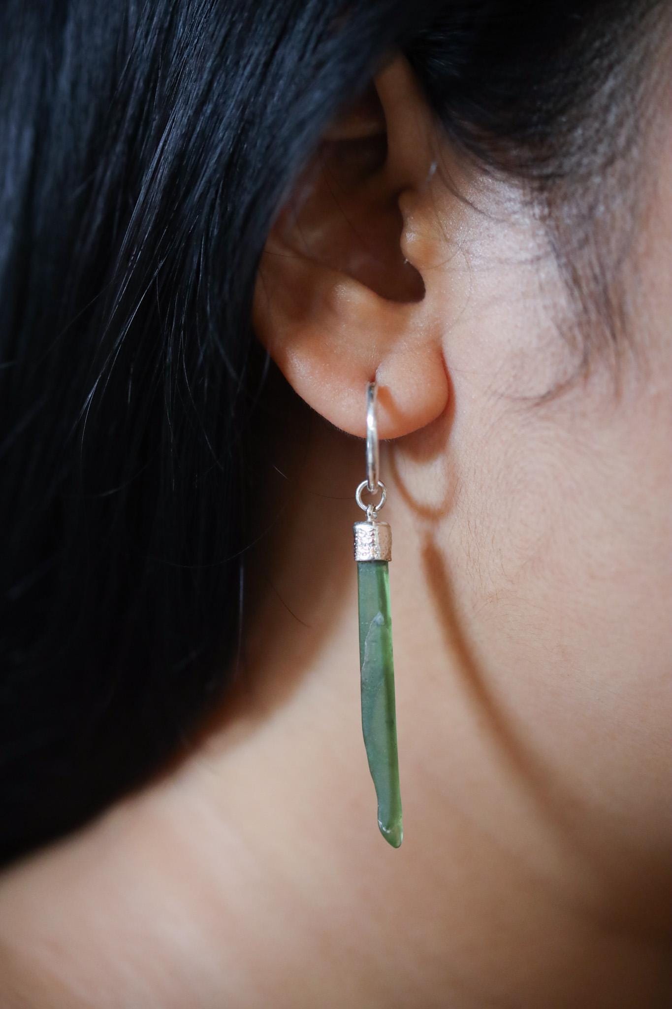 Piece of Green Jade Single Hoop Earring 925 Sterling Silver Sand Textured Shiny Finish Heart Chakra Libra Taurus Gift