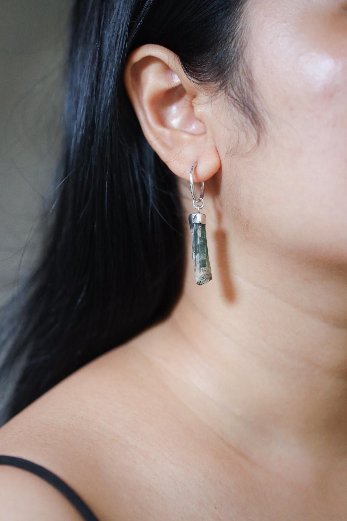 Single Green Tourmaline Hoop Earring, Sterling Silver, Polished & Shiny Finish, Heart Chakra, Healing Crystal Jewelry, Unique Gift