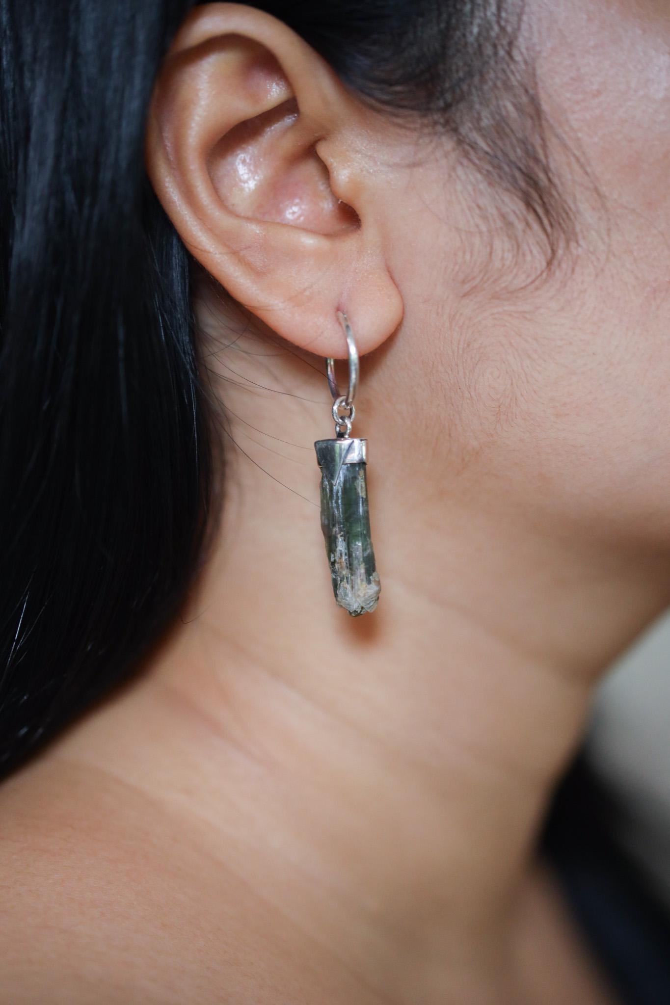 Single Green Tourmaline Hoop Earring, Sterling Silver, Polished & Shiny Finish, Heart Chakra, Healing Crystal Jewelry, Unique Gift