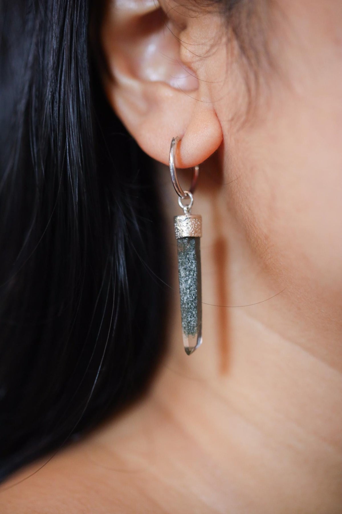 Single Hoop Earring with Himalayan Chlorite Quartz, Sterling Silver, Shiny and Texture Finished, Boho Chic, Chakra Energy Jewelry NO/03