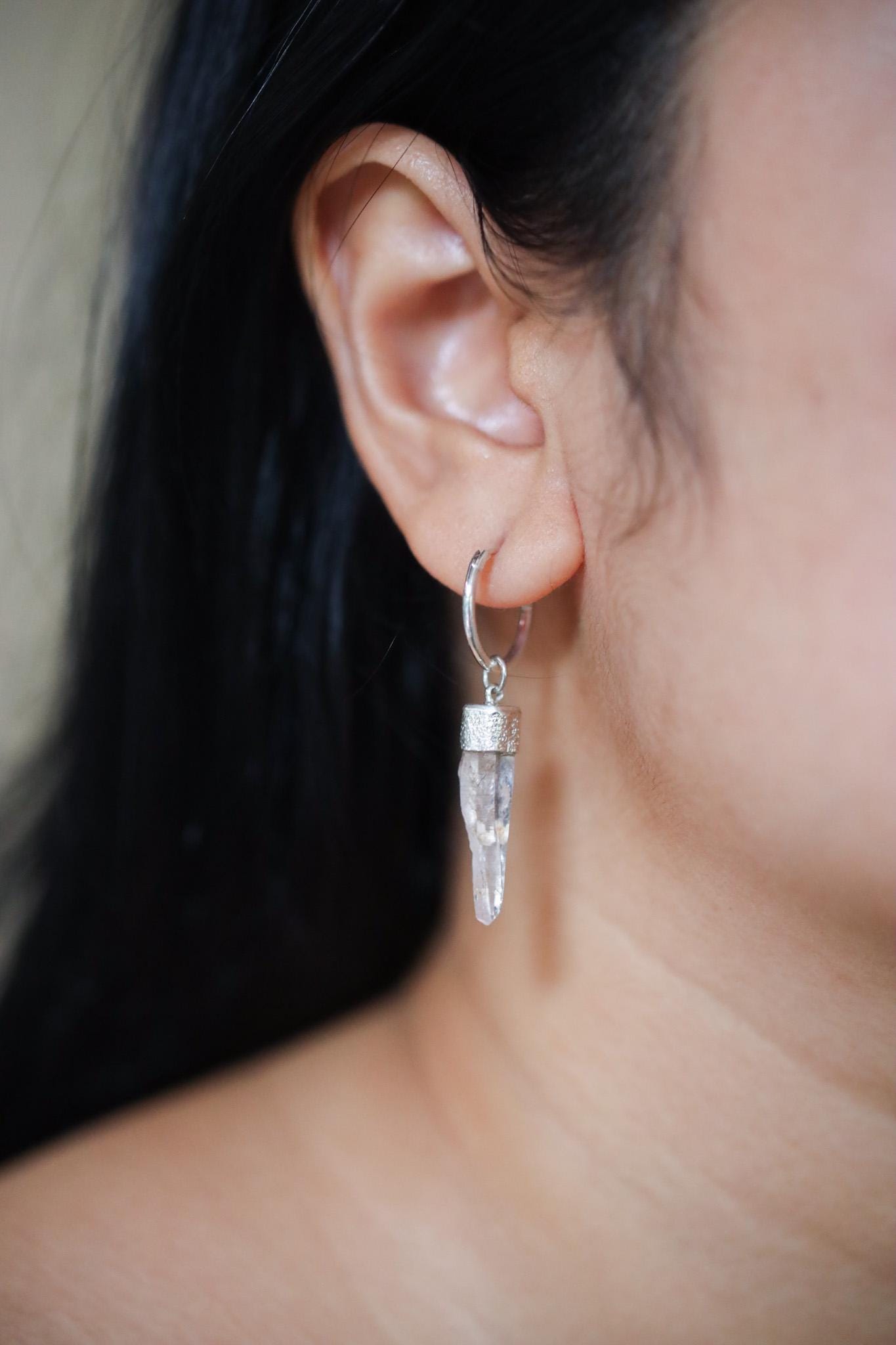 Single Clear Quartz Hoop Earring, Sterling Silver, Sand Textured & Shiny Finish, Crown Chakra, Healing Crystal Jewelry, Unique Gift NO/02