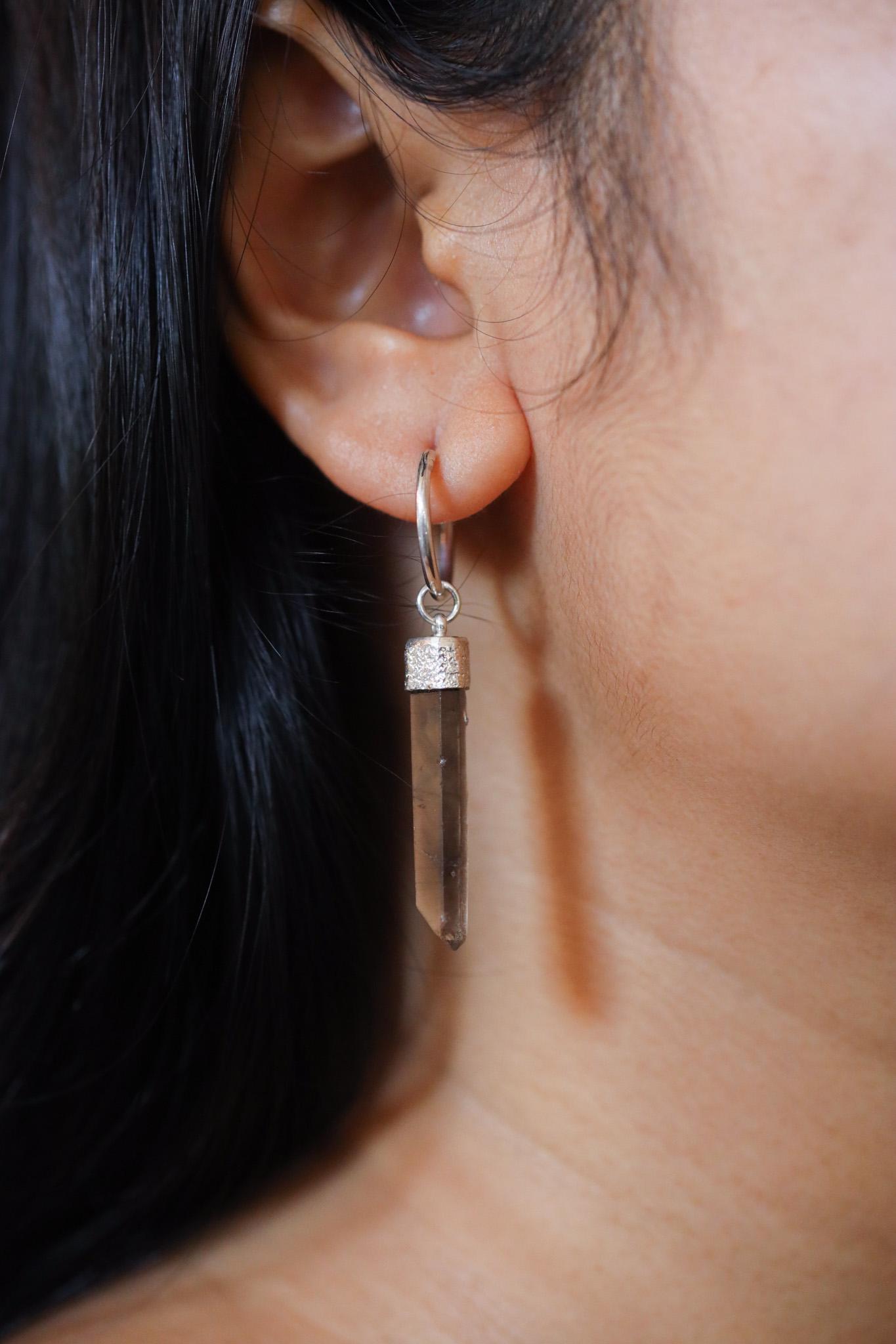 Single Australian Smoky Citrine Phantom Hoop Earring Sterling Silver Textured & Shiny Finish Root and Solar Plexus Chakra, Unique Gift NO/02