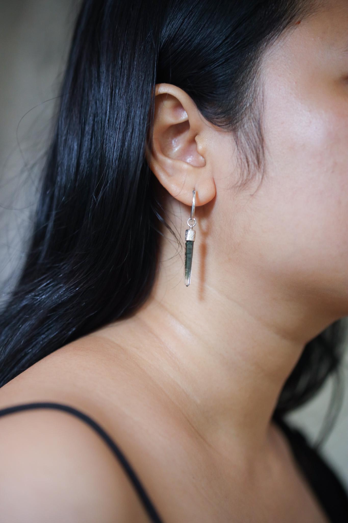 Single Hoop Earring with Himalayan Chlorite Quartz, Sterling Silver, Shiny and Texture Finished, Boho Chic, Chakra Energy Jewelry NO/01