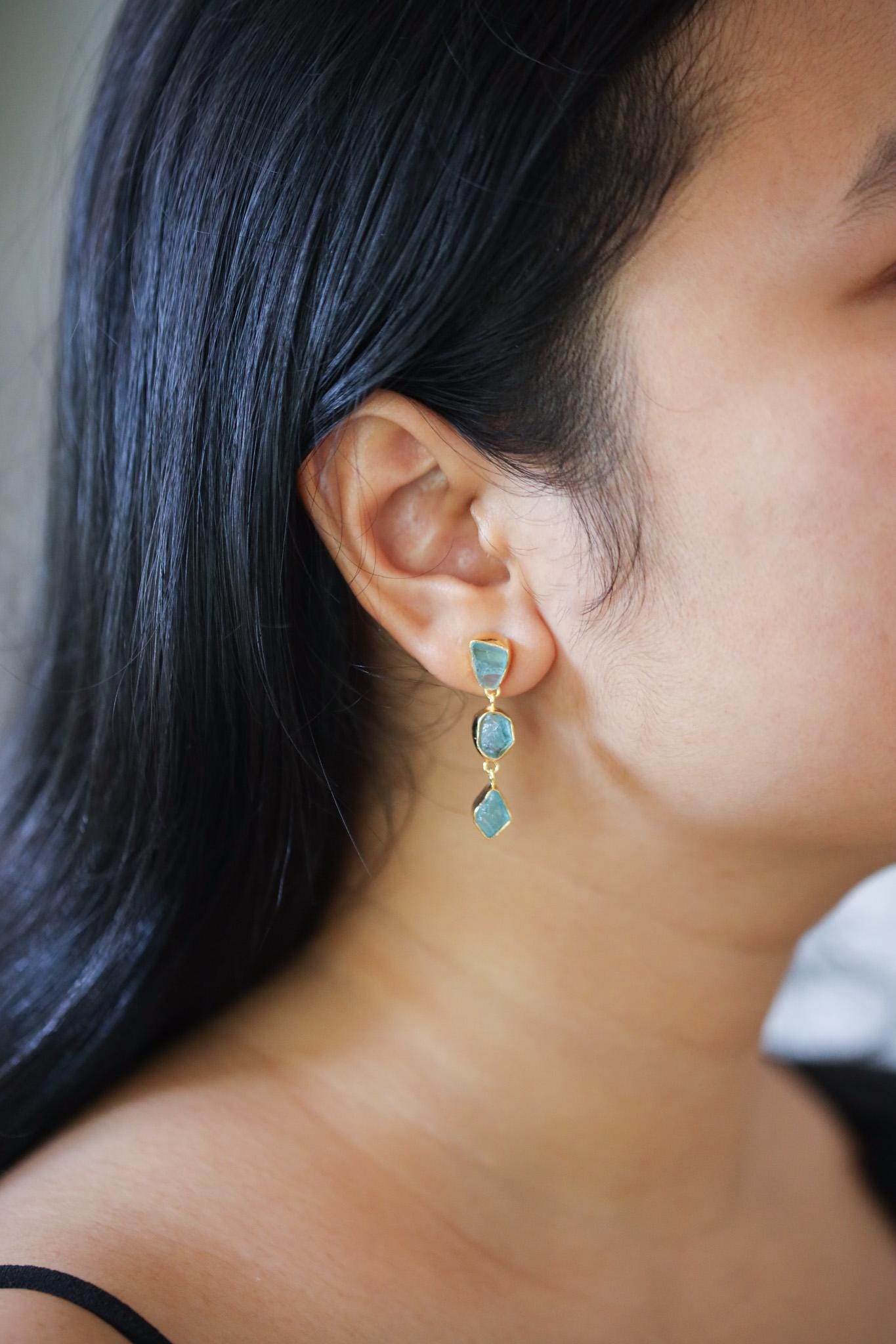 Unique Blue Apatite Raw Gem Studs, Sterling Silver Drop Earrings with Gold Plating, 3 Dangling Teardrop Crystals, Throat Chakra, Unique Gift