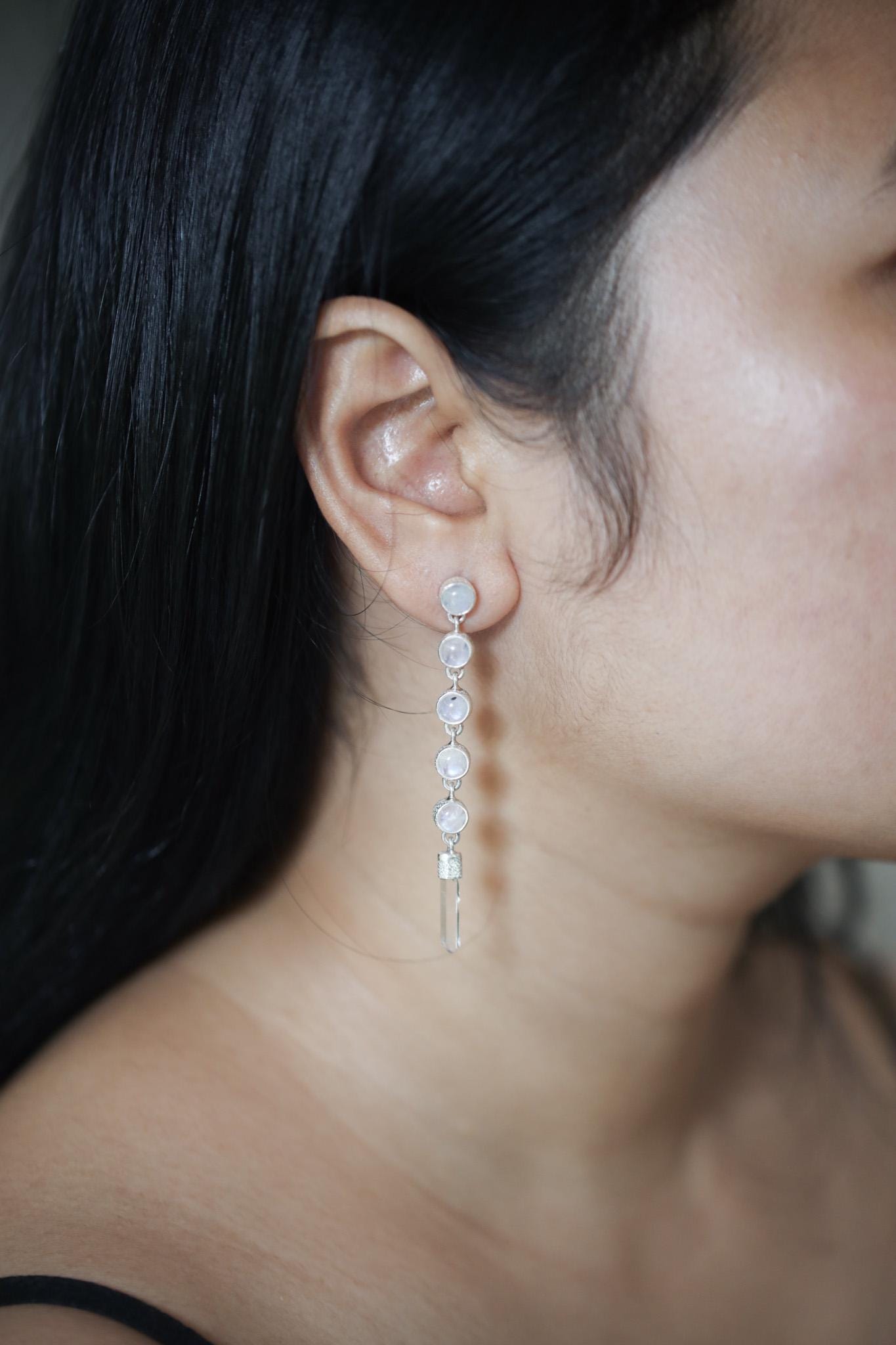 Stud Earring dangle Round Blue Moonstone & Raw Clear Quartz Earrings Sand Textured Sterling Silver Crown Chakra Cancer Zodiac Spiritual Gift