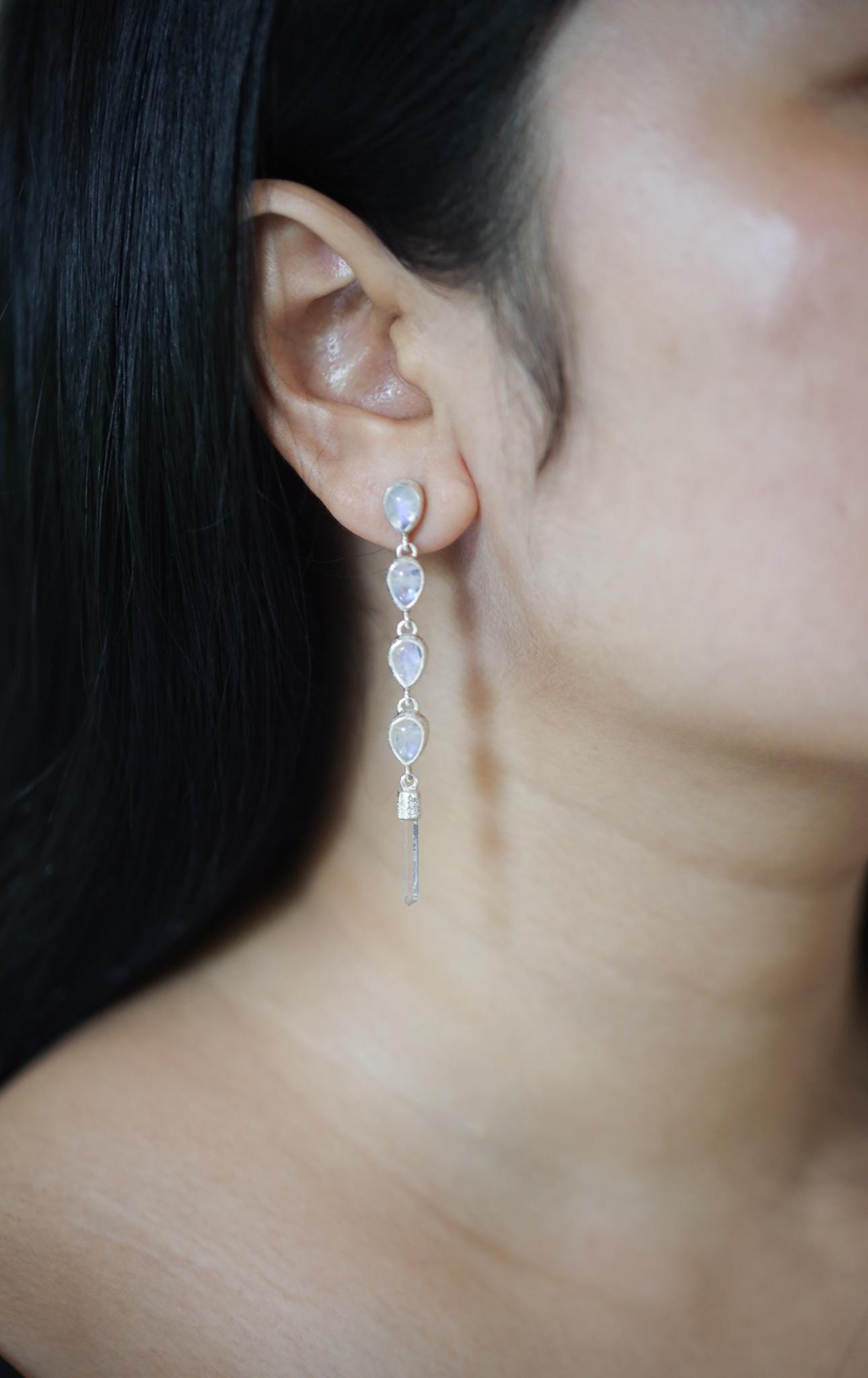 Crystal Earring Stud, Teardrop Blue Moonstone & Raw Clear Quartz Point, Sand Textured Sterling Silver, Crown Chakra, Cancer Zodiac Gift