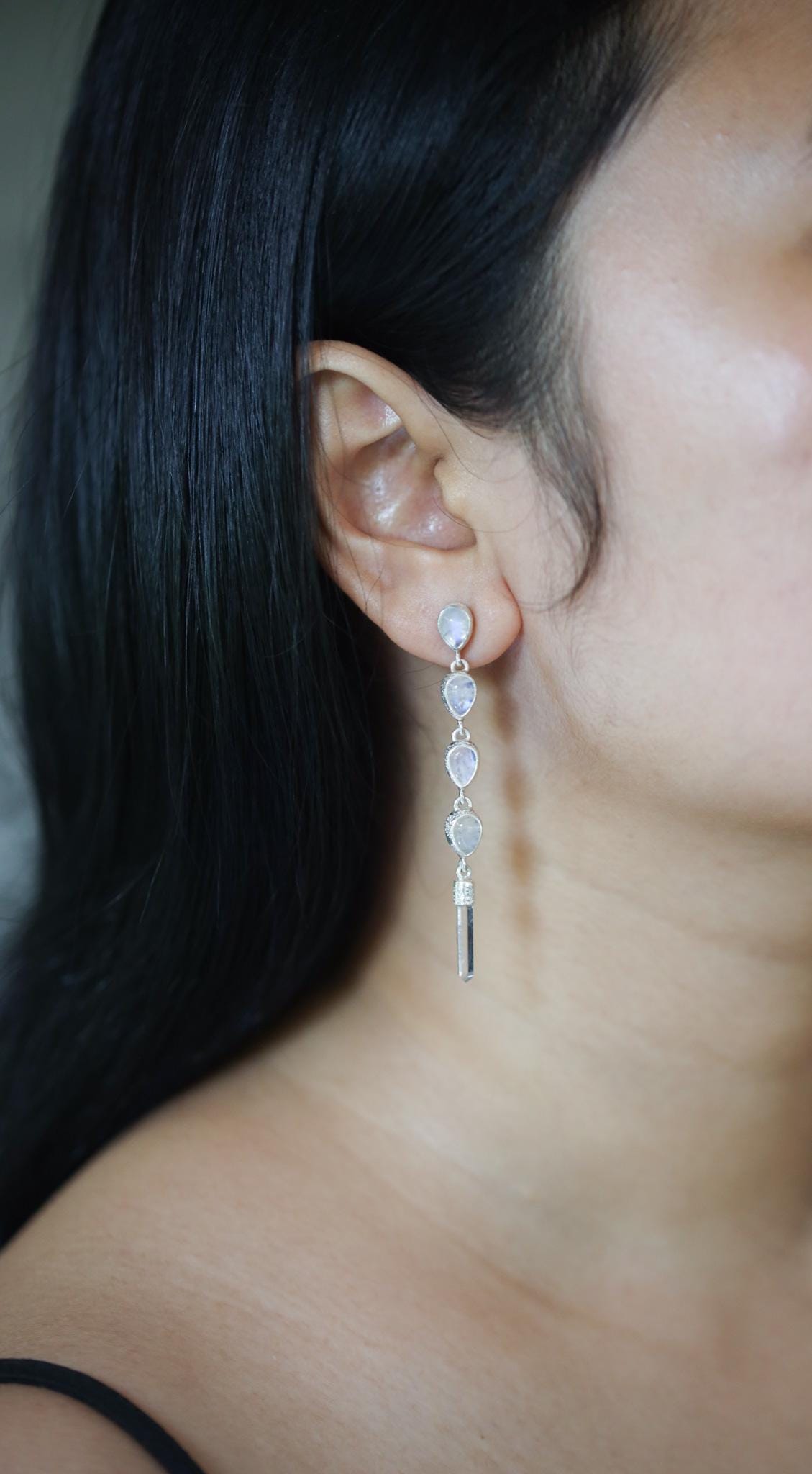Crystal Earring Stud, Teardrop Blue Moonstone & Raw Clear Quartz Point, Sand Textured Sterling Silver, Crown Chakra, Cancer Zodiac Gift