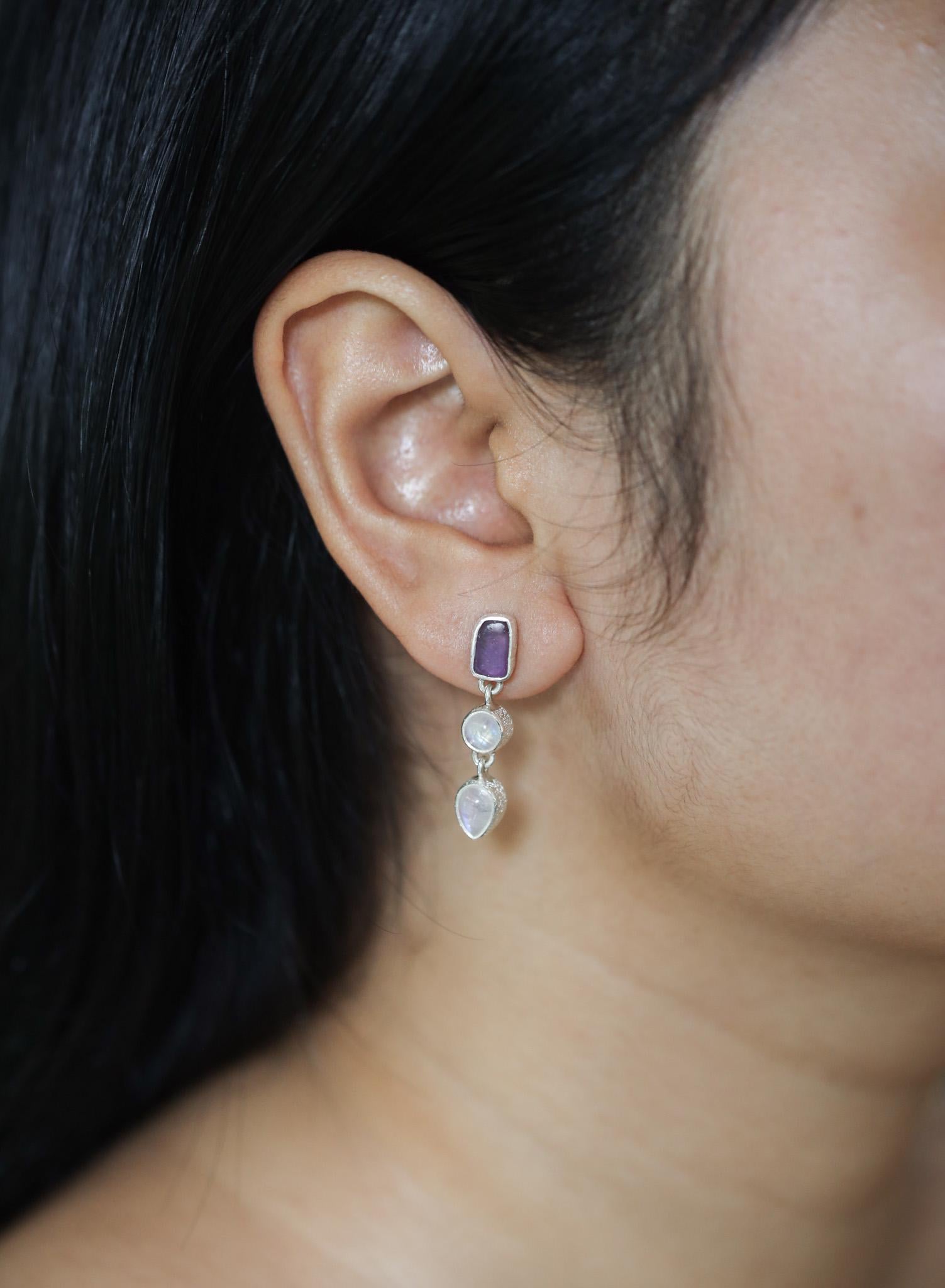 Amethyst & Blue Moonstone Stud Earrings with Sand Textured Sterling Silver dangle, Spiritual Jewelry for Intuition and Chakra Healing Gift