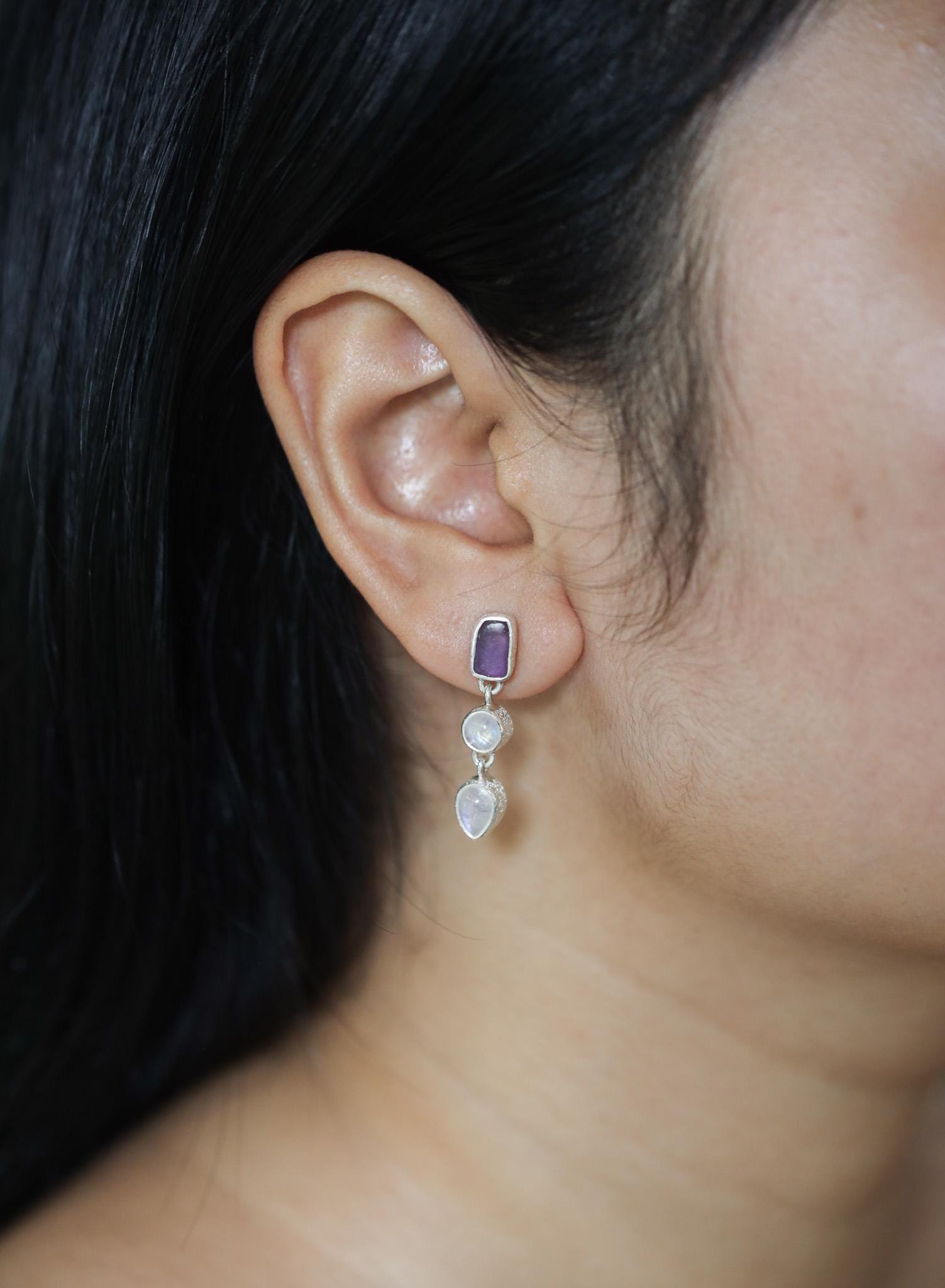 Amethyst & Blue Moonstone Stud Earrings with Sand Textured Sterling Silver dangle, Spiritual Jewelry for Intuition and Chakra Healing Gift