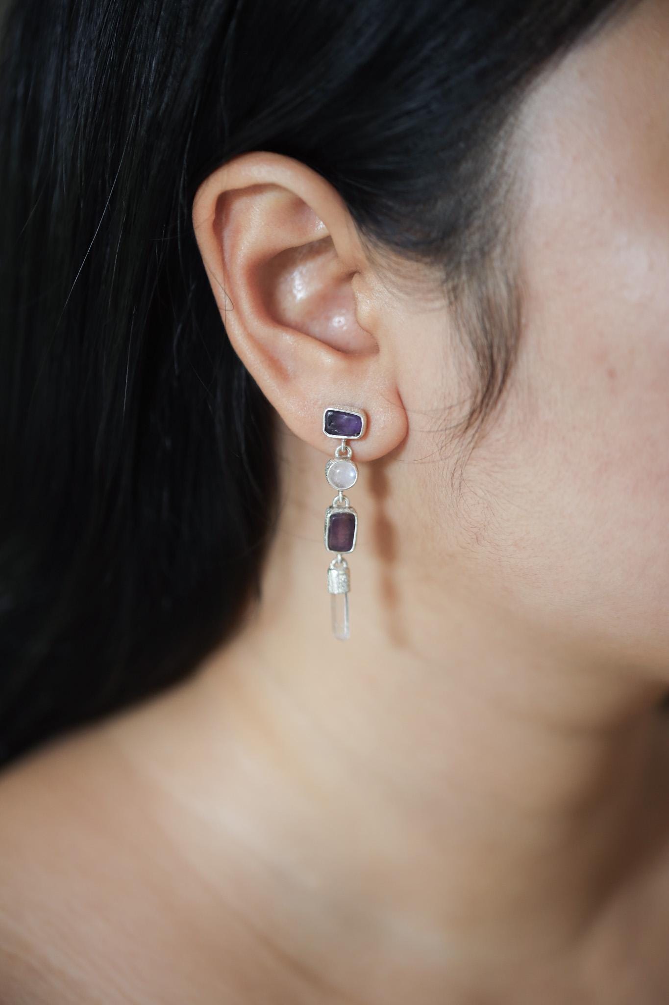 Amethyst Blue Moonstone and Raw Quartz Earrings, Sand Textured Sterling Silver Stud, Spiritual Jewelry, Chakra Healing, Unique Gift