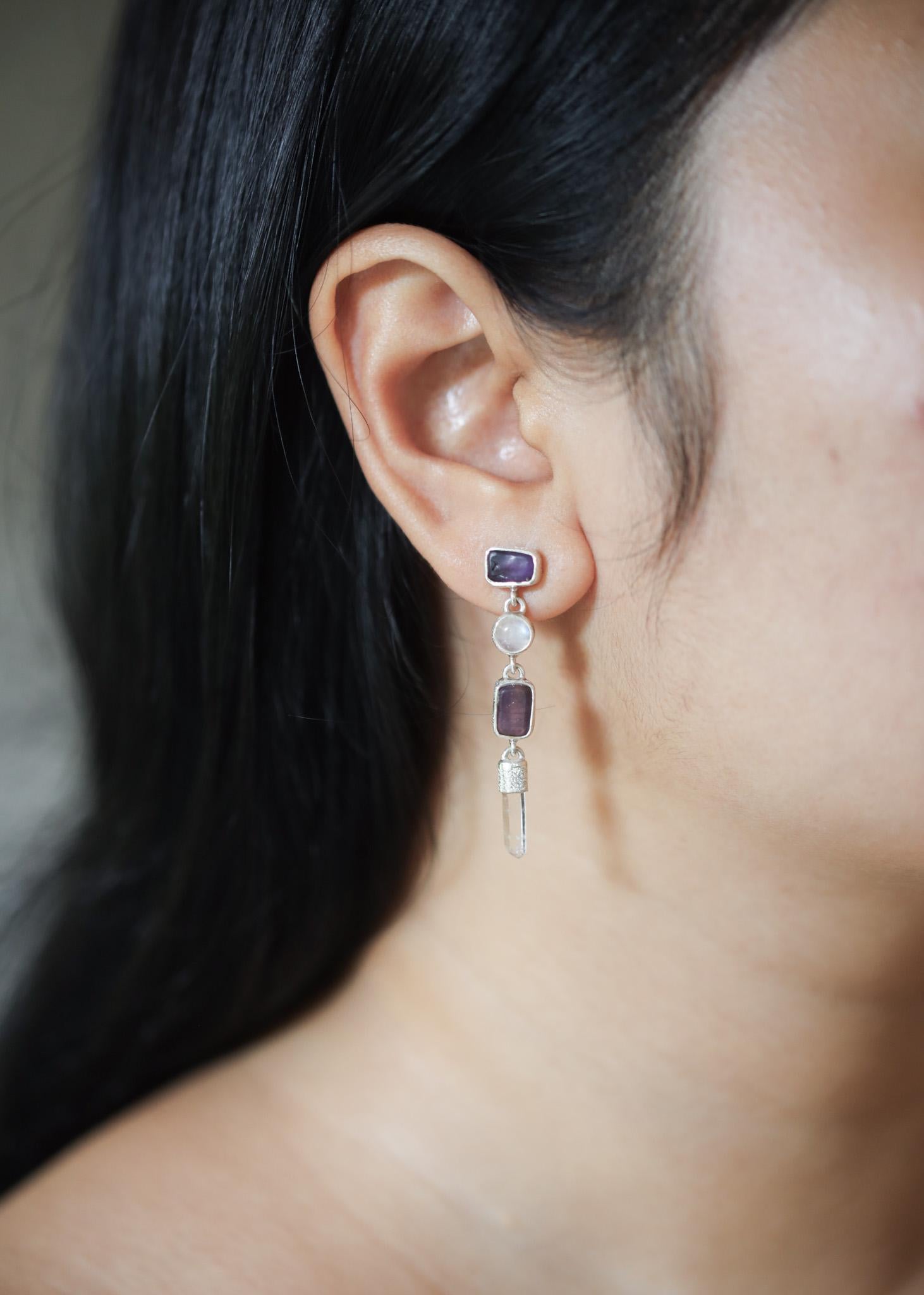 Amethyst Blue Moonstone and Raw Quartz Earrings, Sand Textured Sterling Silver Stud, Spiritual Jewelry, Chakra Healing, Unique Gift