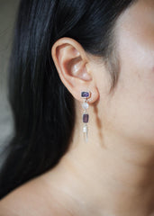 Amethyst Blue Moonstone and Raw Quartz Earrings, Sand Textured Sterling Silver Stud, Spiritual Jewelry, Chakra Healing, Unique Gift