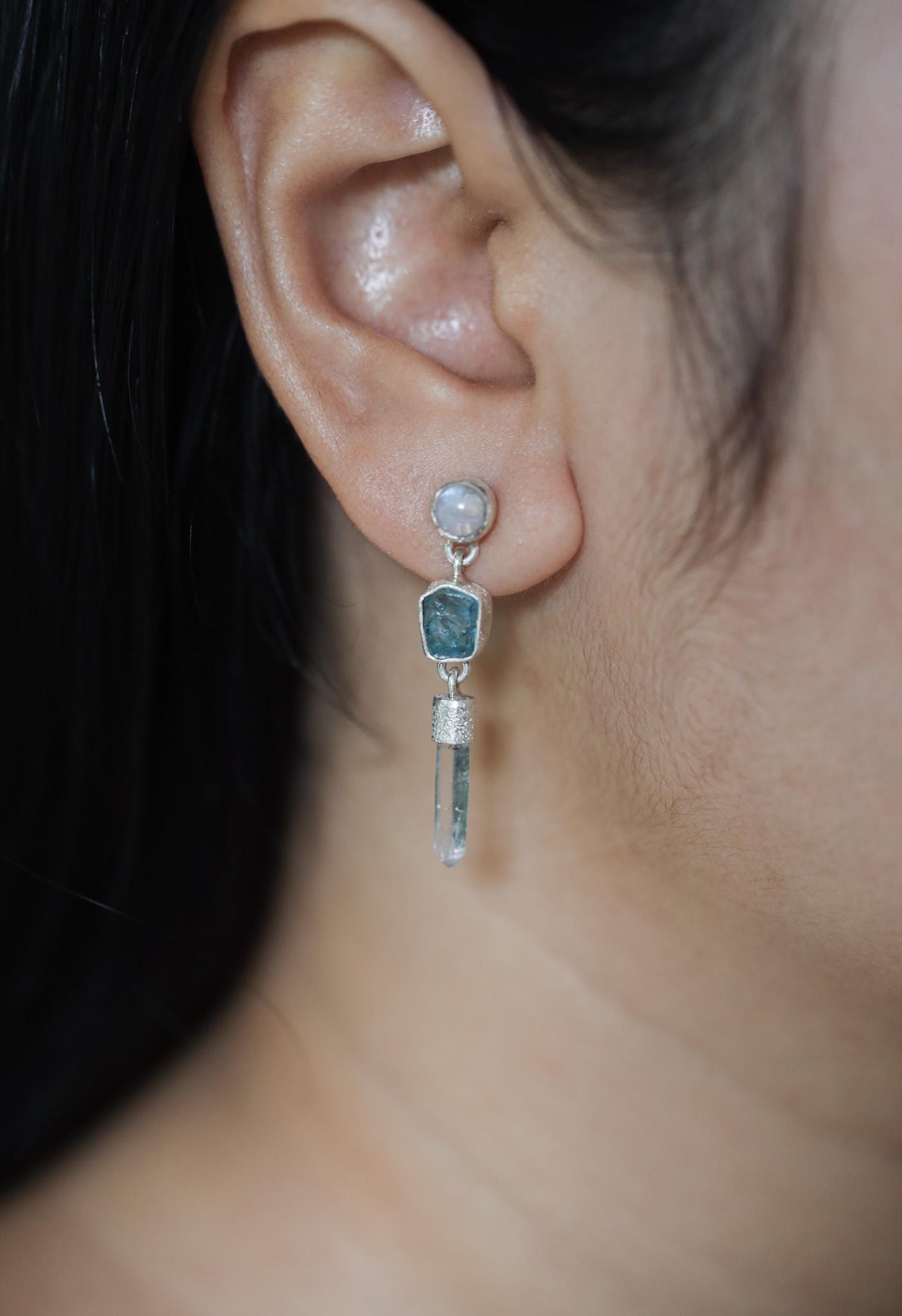 Moonstone, Blue Apatite & Clear Quartz Earrings – Sand Textured Sterling Silver Stud – Spiritual Jewelry for Chakra Healing and Unique Gift
