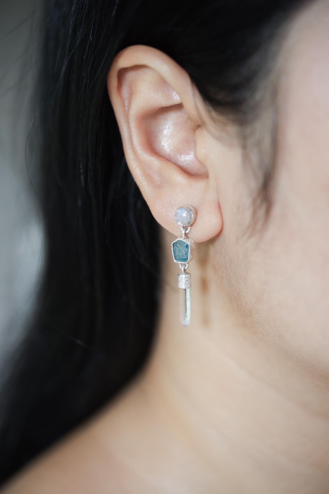 Moonstone, Blue Apatite & Clear Quartz Earrings – Sand Textured Sterling Silver Stud – Spiritual Jewelry for Chakra Healing and Unique Gift