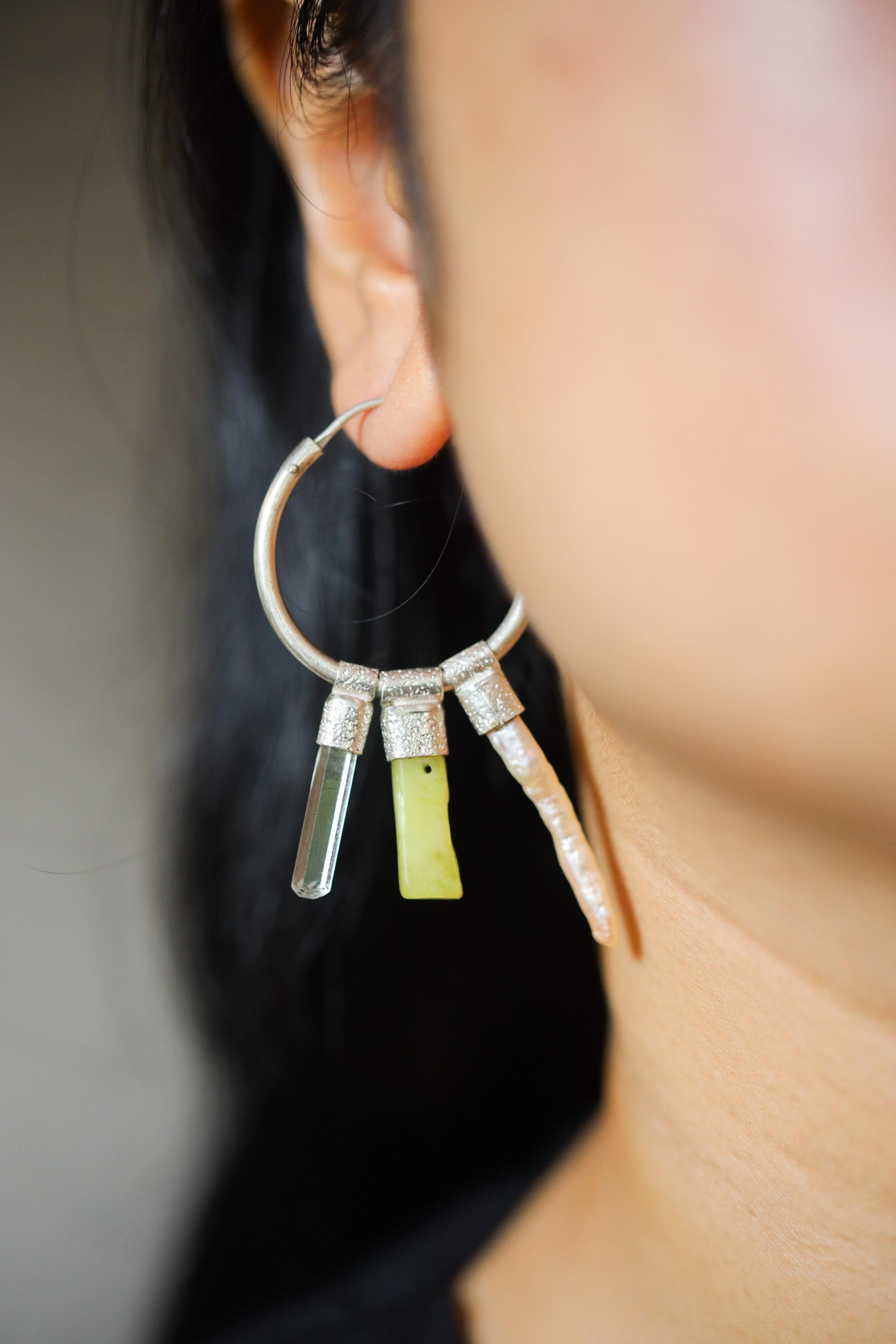 Jade, Pearl & Aquamarine Stack Pendant Earrings, Sterling Silver, Heart Chakra, Pisces Zodiac, Unique Gift, Multifunctional Jewelry