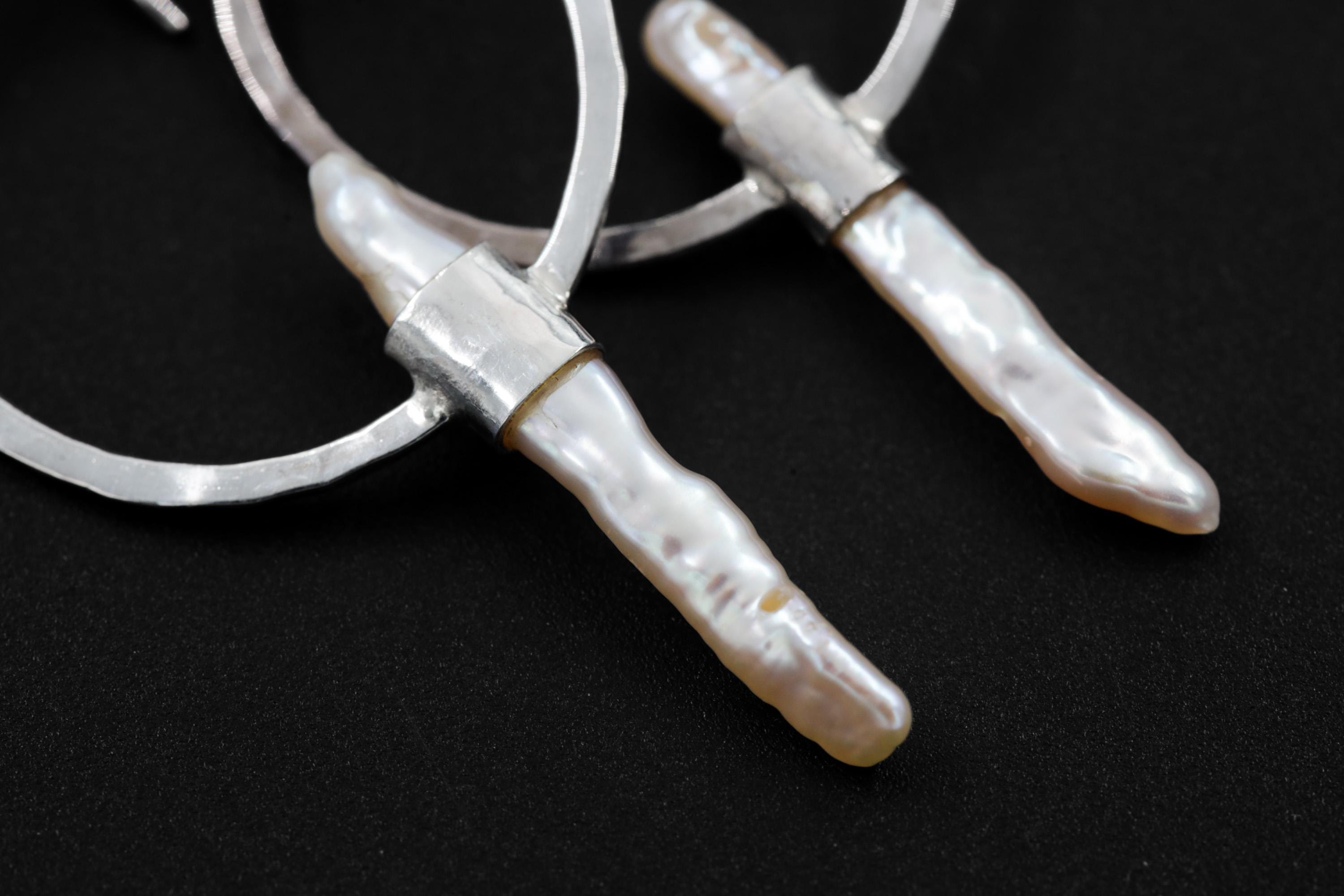 Pearl Hoop Dangle Earrings Hammer Textured Sterling Silver Shiny Finish Circle Portal Design Cancer Zodiac, Third Eye Chakra Unique Gift