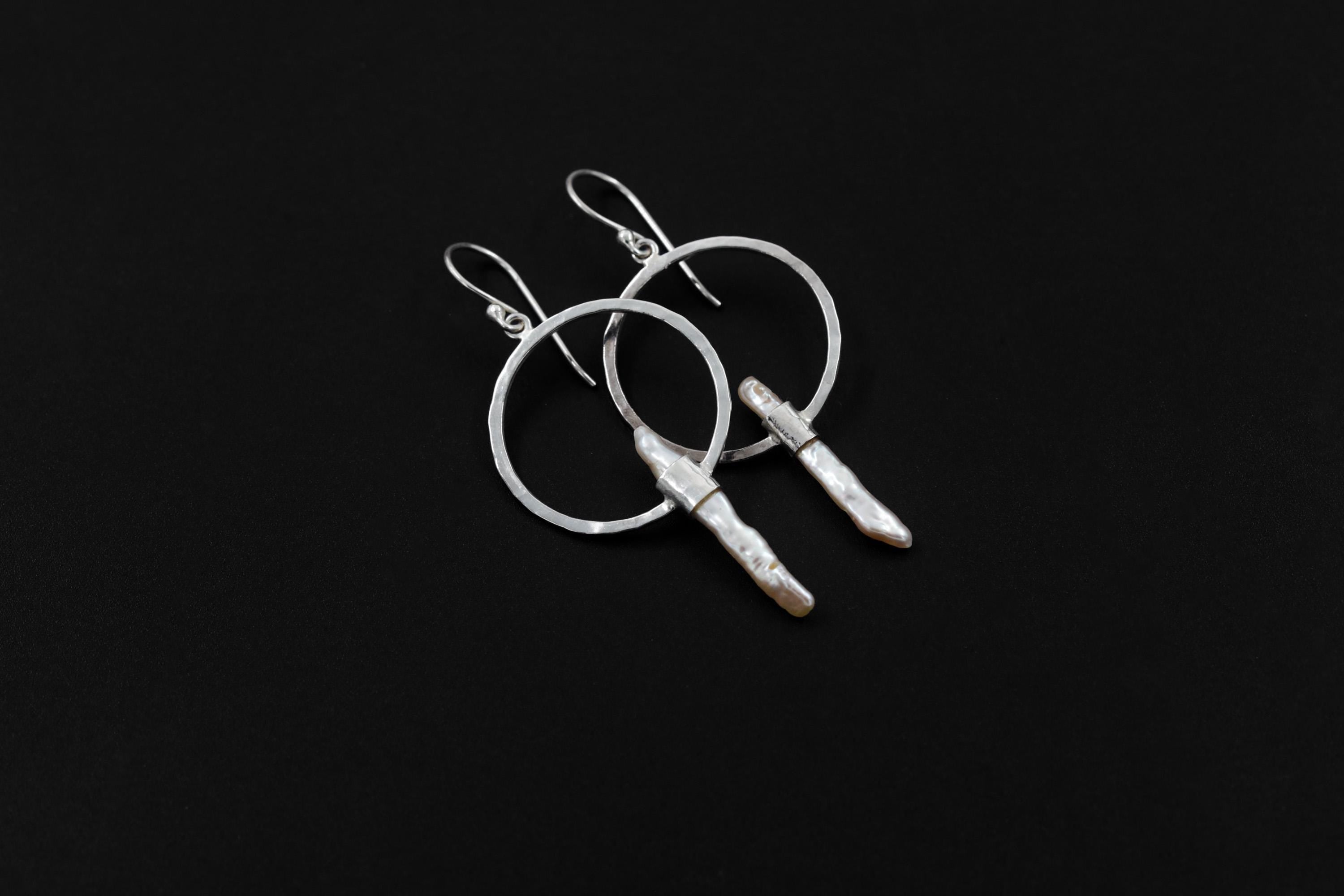 Pearl Hoop Dangle Earrings Hammer Textured Sterling Silver Shiny Finish Circle Portal Design Cancer Zodiac, Third Eye Chakra Unique Gift
