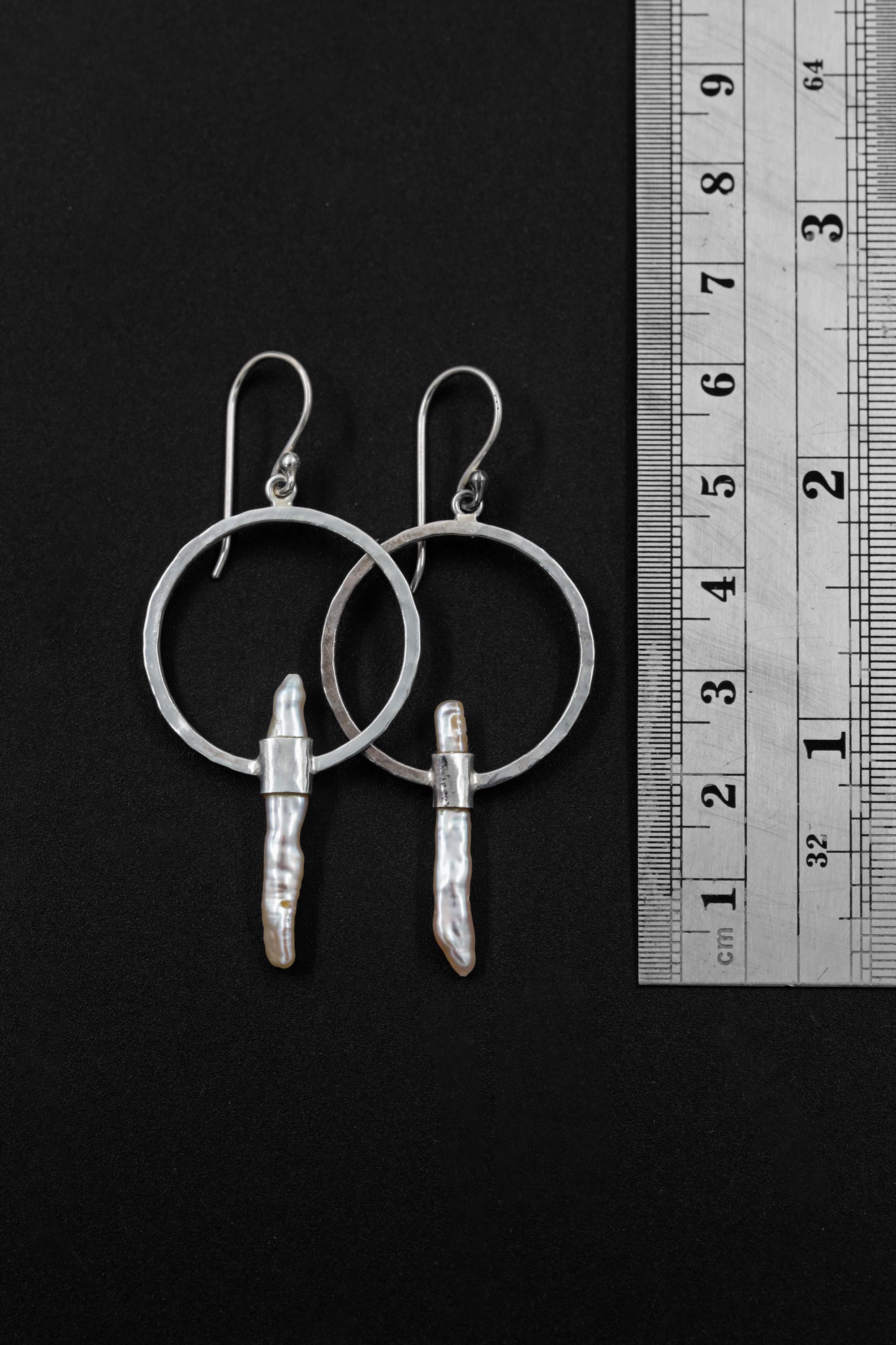 Pearl Hoop Dangle Earrings Hammer Textured Sterling Silver Shiny Finish Circle Portal Design Cancer Zodiac, Third Eye Chakra Unique Gift