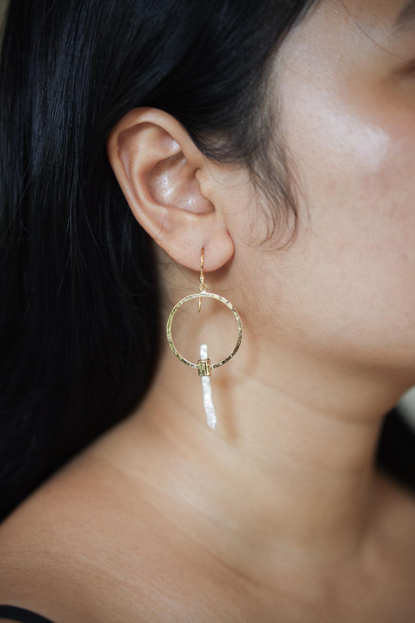 Long Baroque Pearl Dangle Hoop Earrings Hammer Textured Sterling Silver 18k Gold Plated Circle Portal Cancer Zodiac Third Eye Unique Gift