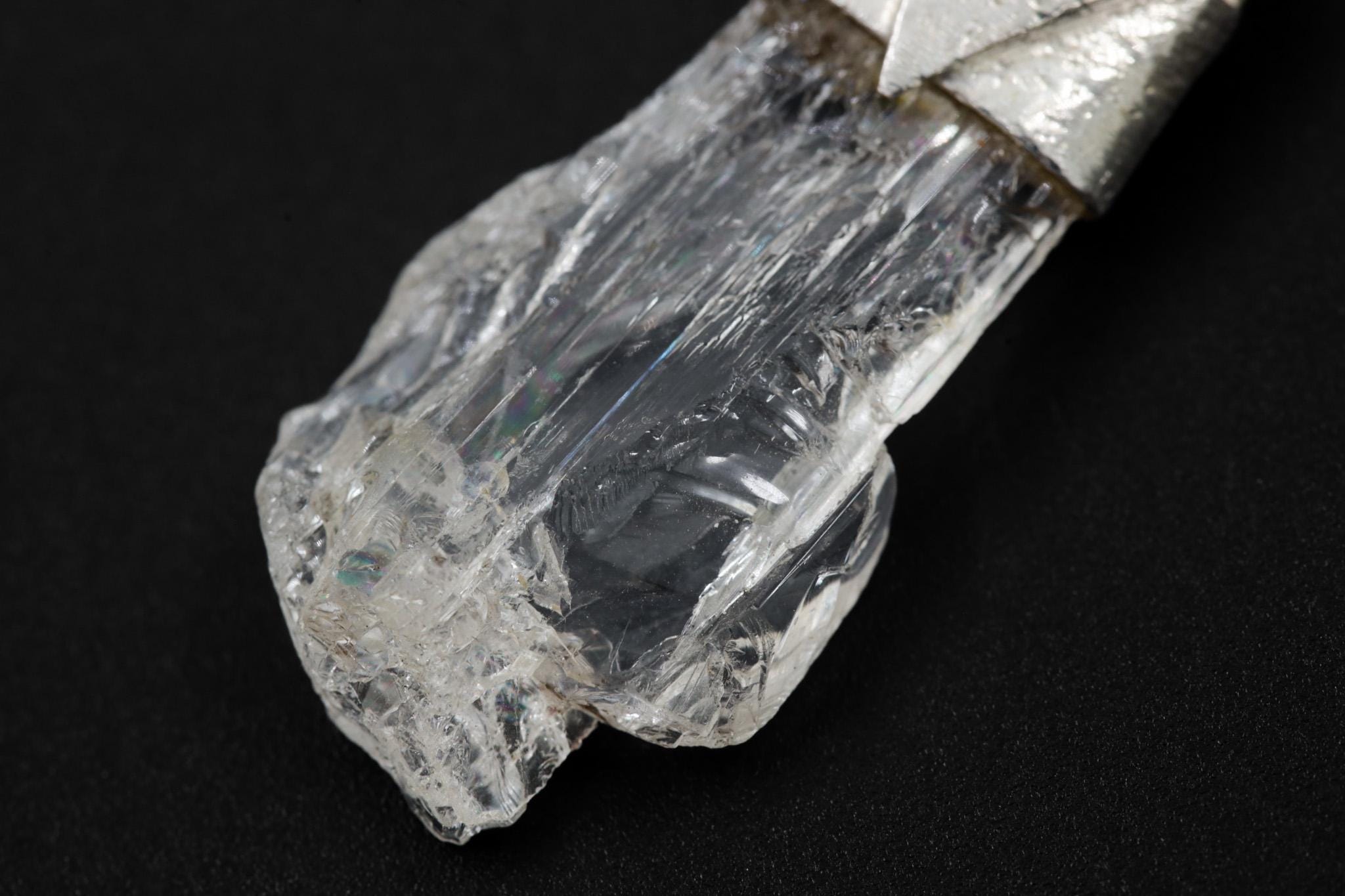 Naturally Clear Spodumene Slice - Stack Pendant - Organic Textured 925 Sterling Silver - Crystal Necklace
