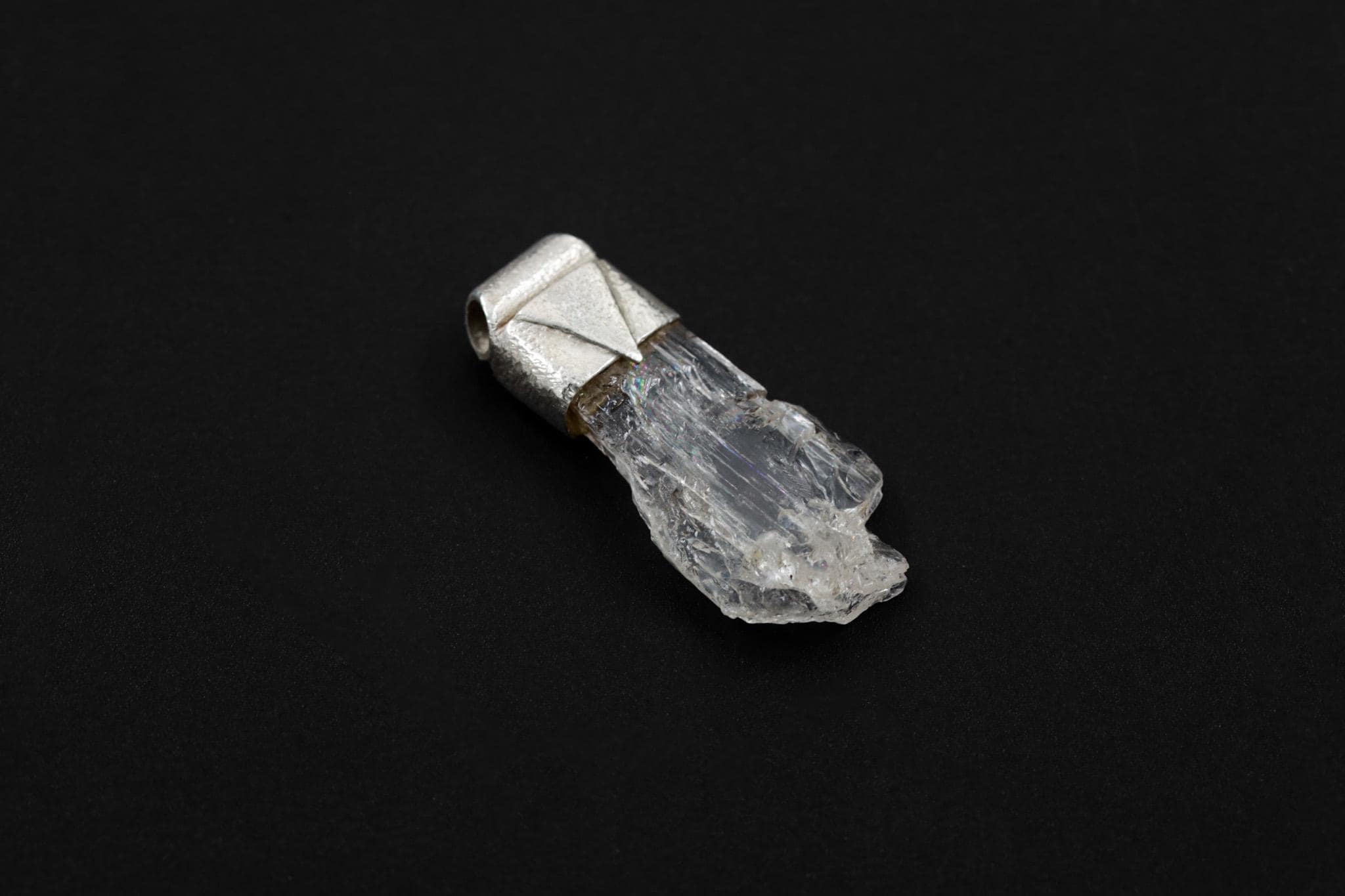 Naturally Clear Spodumene Slice - Stack Pendant - Organic Textured 925 Sterling Silver - Crystal Necklace