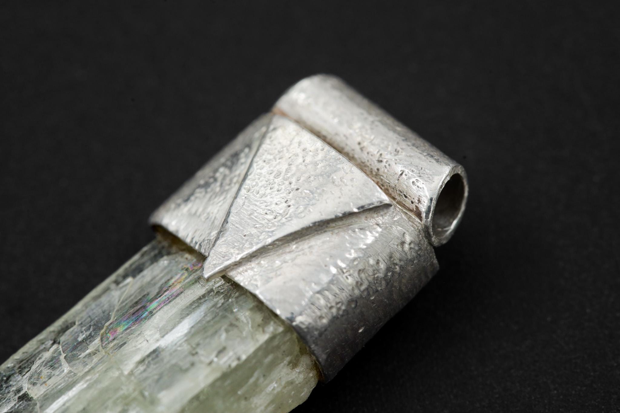 Hiddenite Crystal Pendant: Sterling Silver, Heart Chakra Healing